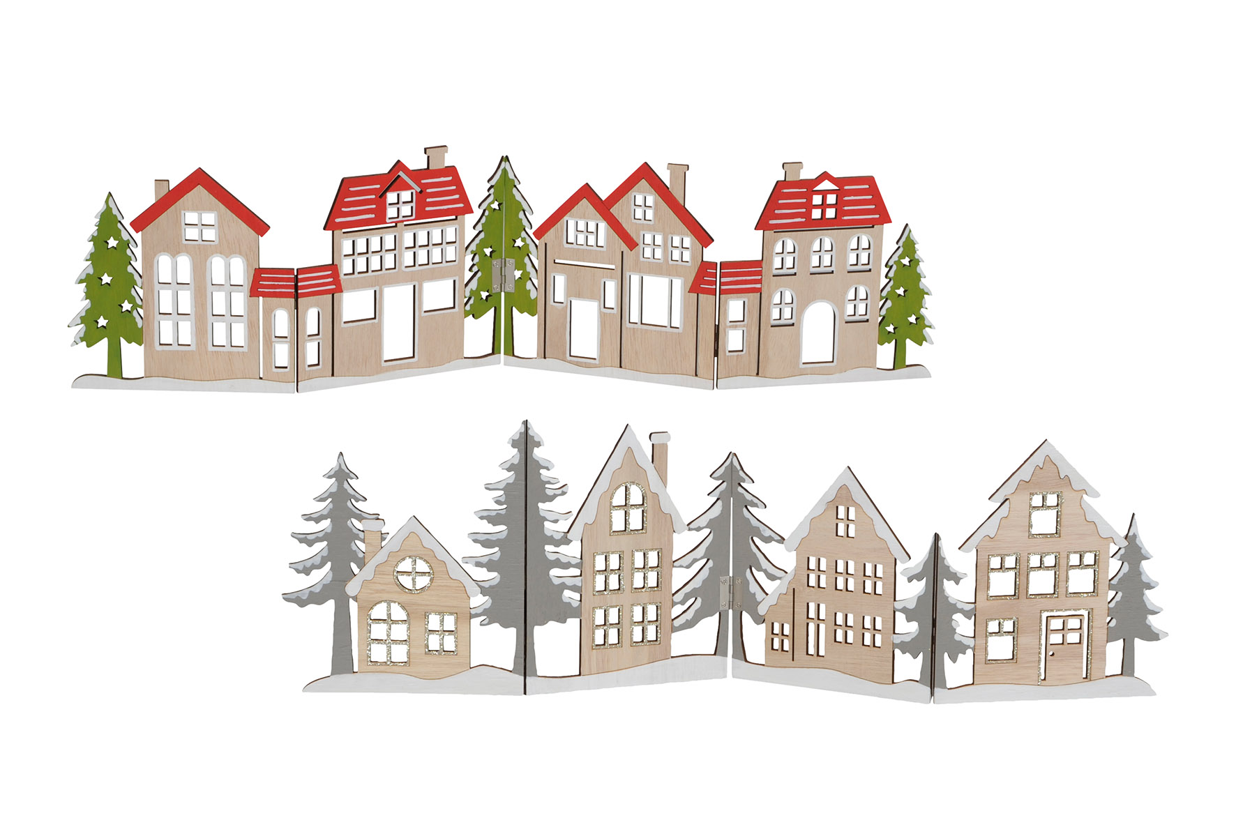 Deko Häuserzeile aus Holz klappbar 60 x 16 cm - 2 Modelle wählbar - Weihnachtsstadt Silhouette zur Tischdekoration