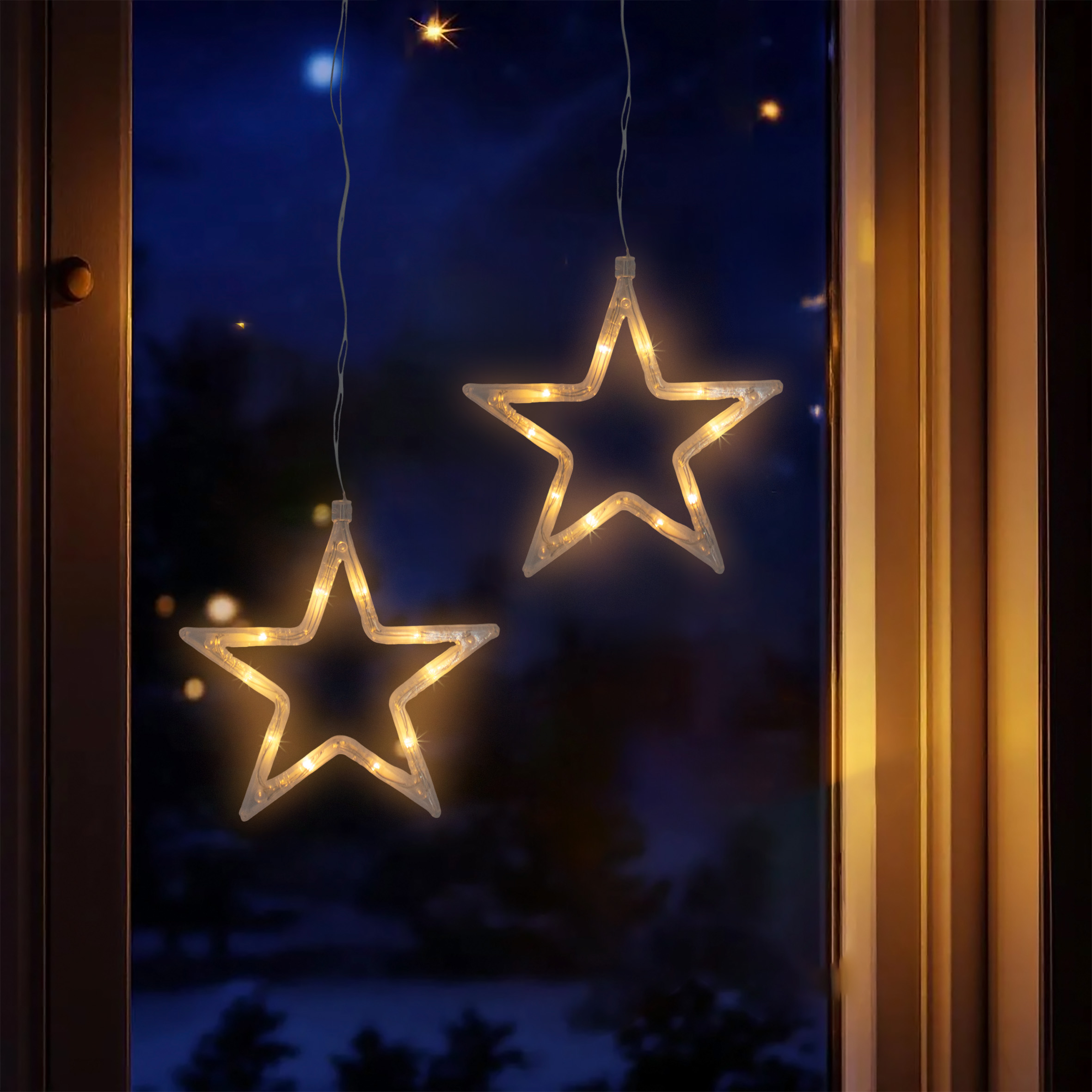 LED Leuchtstern transparent mit Saugnapf zum Hängen - 2er Set - Stern Silhouette warm weiß beleuchtet batteriebetrieben