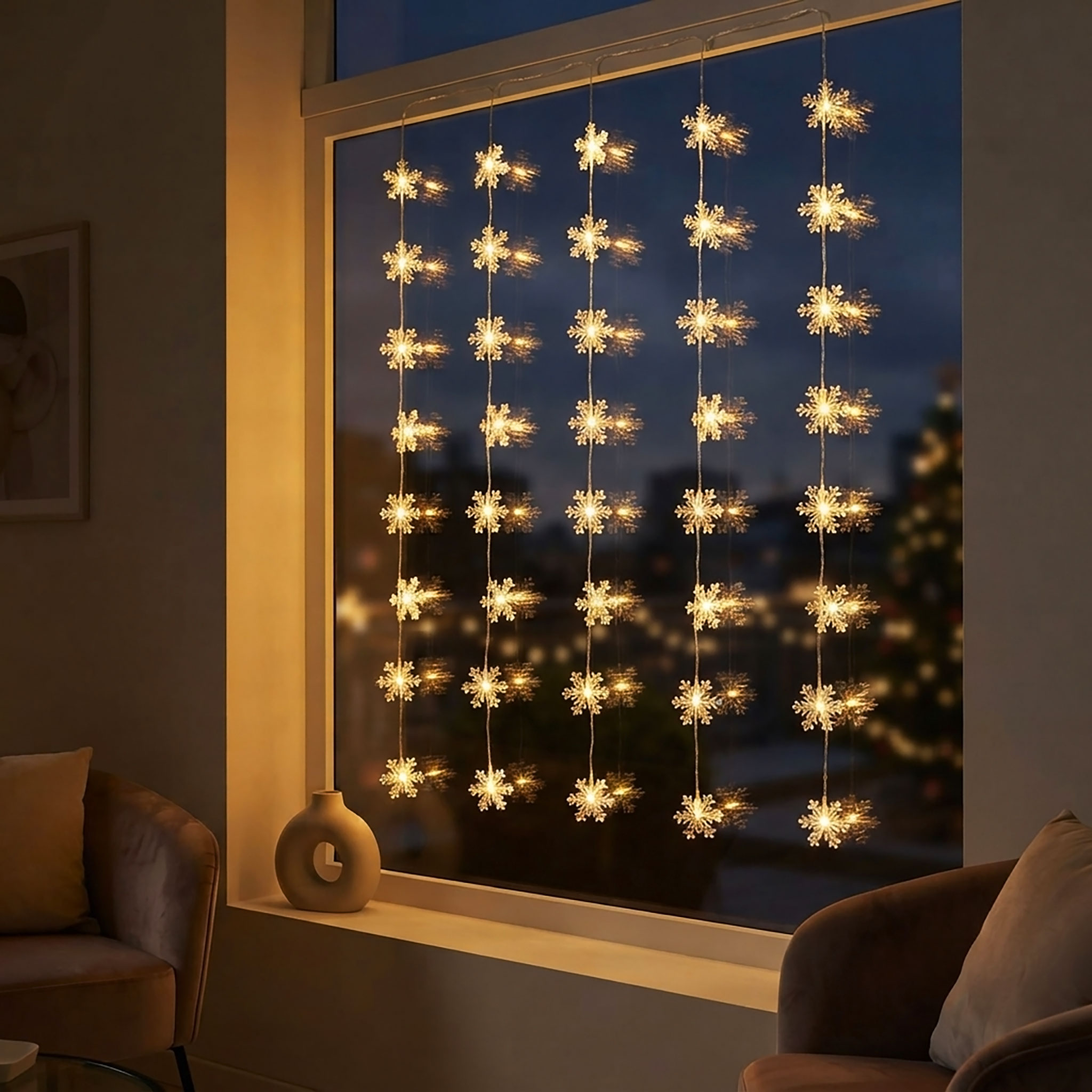 Schneeflocke Lichtervorhang - 40 LED / 100 cm - Weihnachten Fenster Deko mit Timer