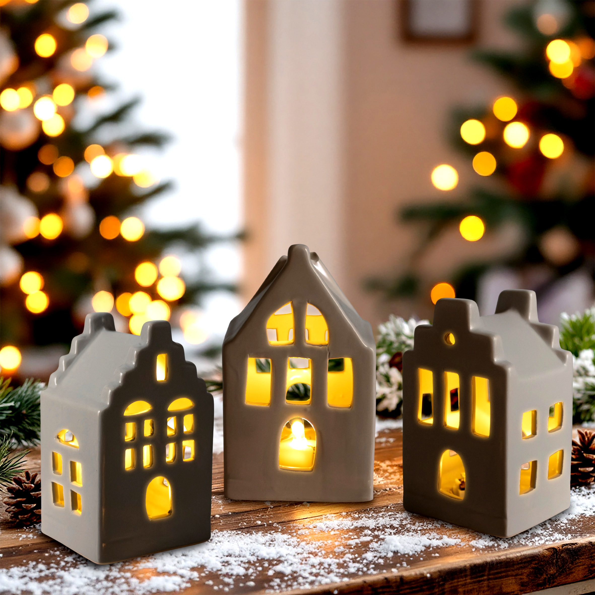 LED Porzellan Haus 11 cm inklusive Batterie - 3er Set - Deko Weihnachtsdorf mit Beleuchtung in warm weiß