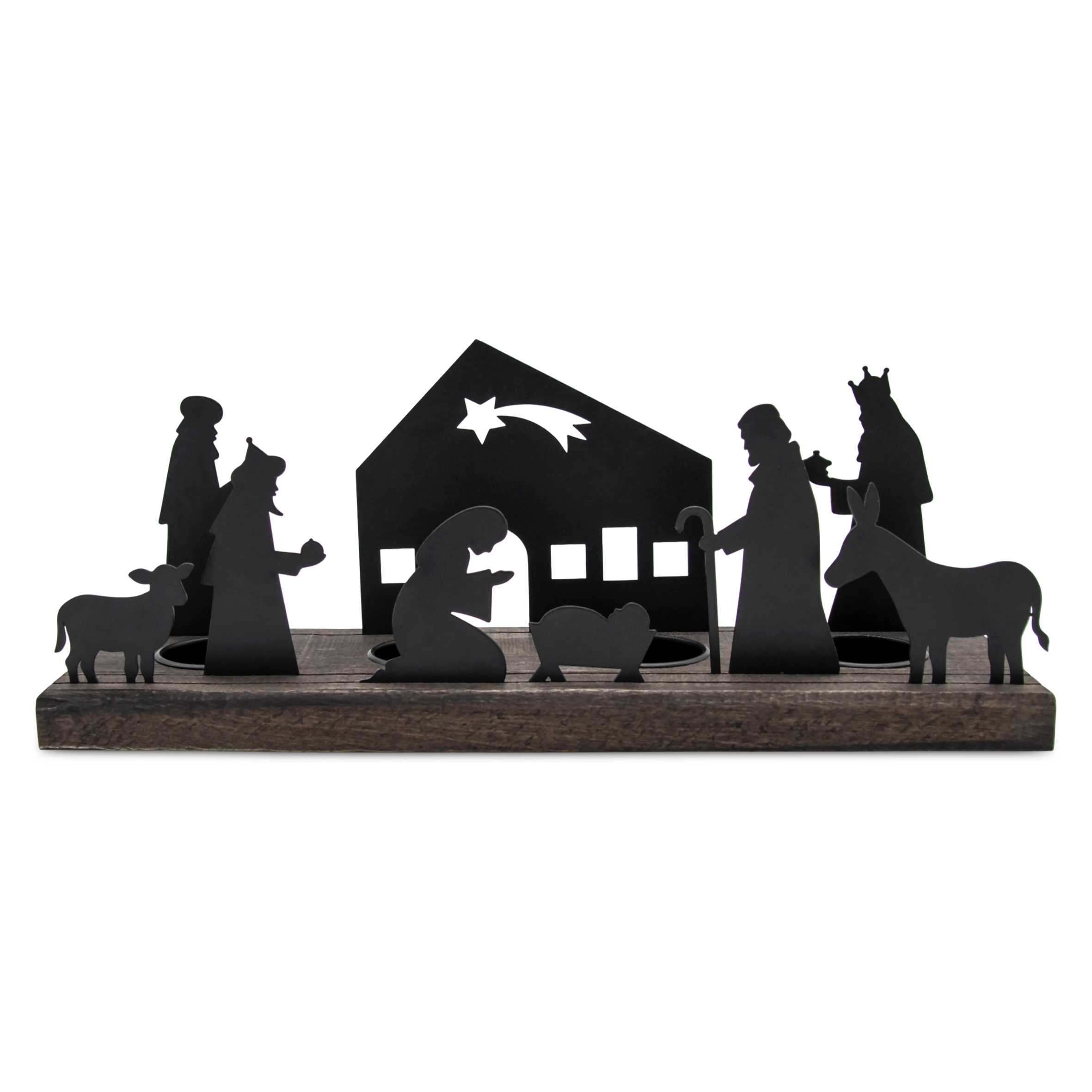 Teelichthalter Krippen Figuren schwarz - 32 x 9 cm - Weihnachtsdorf Silhouette mit Haltern für 4 Teelichter