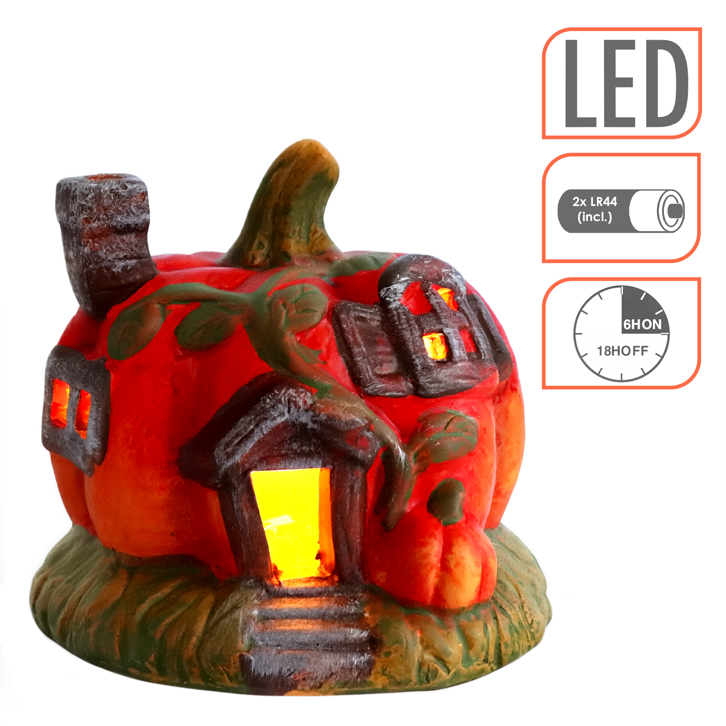LED Kürbis Haus aus Ton mit Timer batteriebetrieben - 12 cm - Herbstdeko Zierkürbis aus Steinzeug warm weiß beleuchtet
