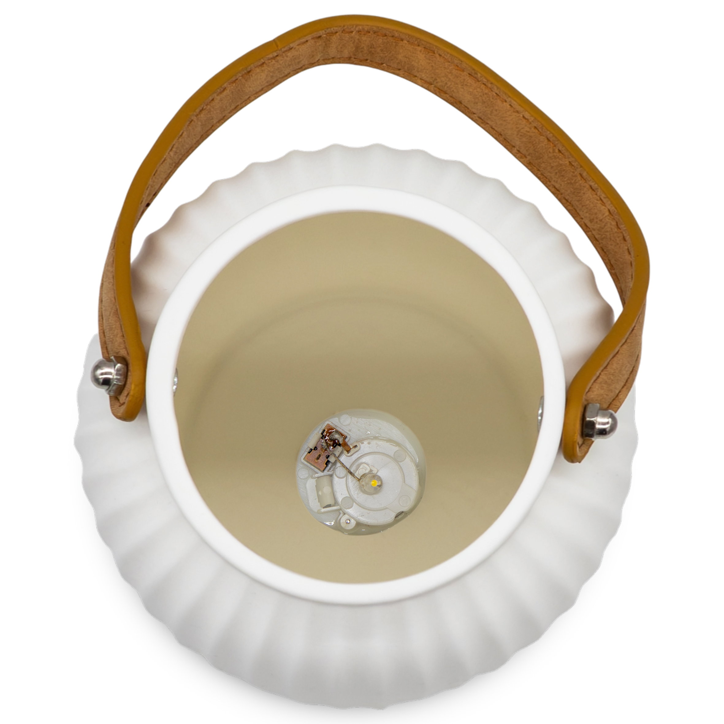 LED Keramik Laterne matt weiß mit Henkel in Leder Optik - 16 cm x 13 cm - Porzellan Windlicht warm weiß beleuchtet batteriebetrieben