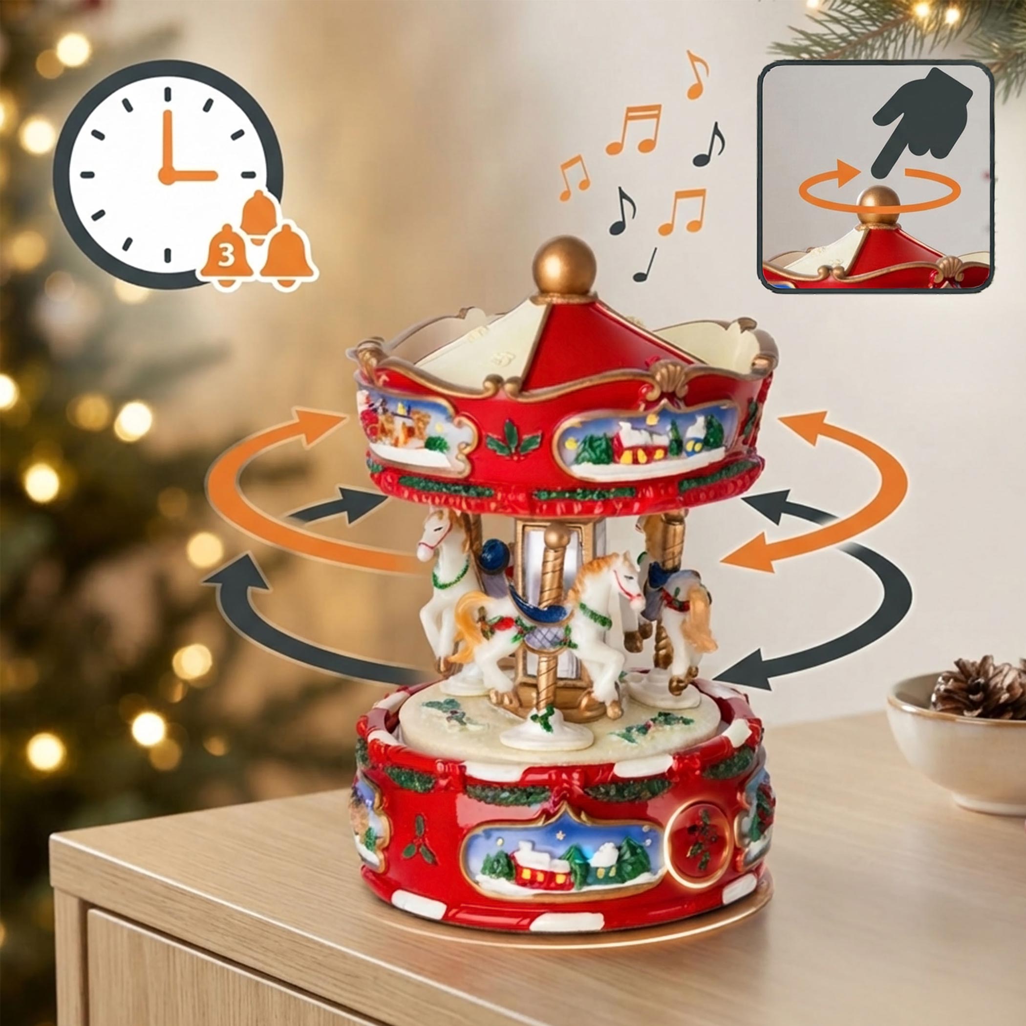 Retro Spieluhr Karussell "Jingle Bells" zum Aufziehen - 18 cm - Nostalgie Kinderkarussell drehend mit Musik