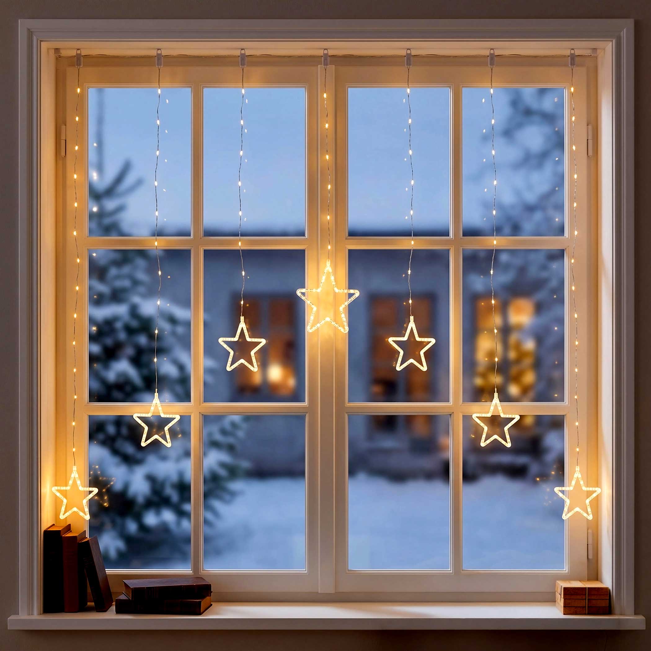 LED Sternen Lichtervorhang warm weiß mit Timer - 120 cm - Deko Lichterkette mit 136 LED für Innen und Außen
