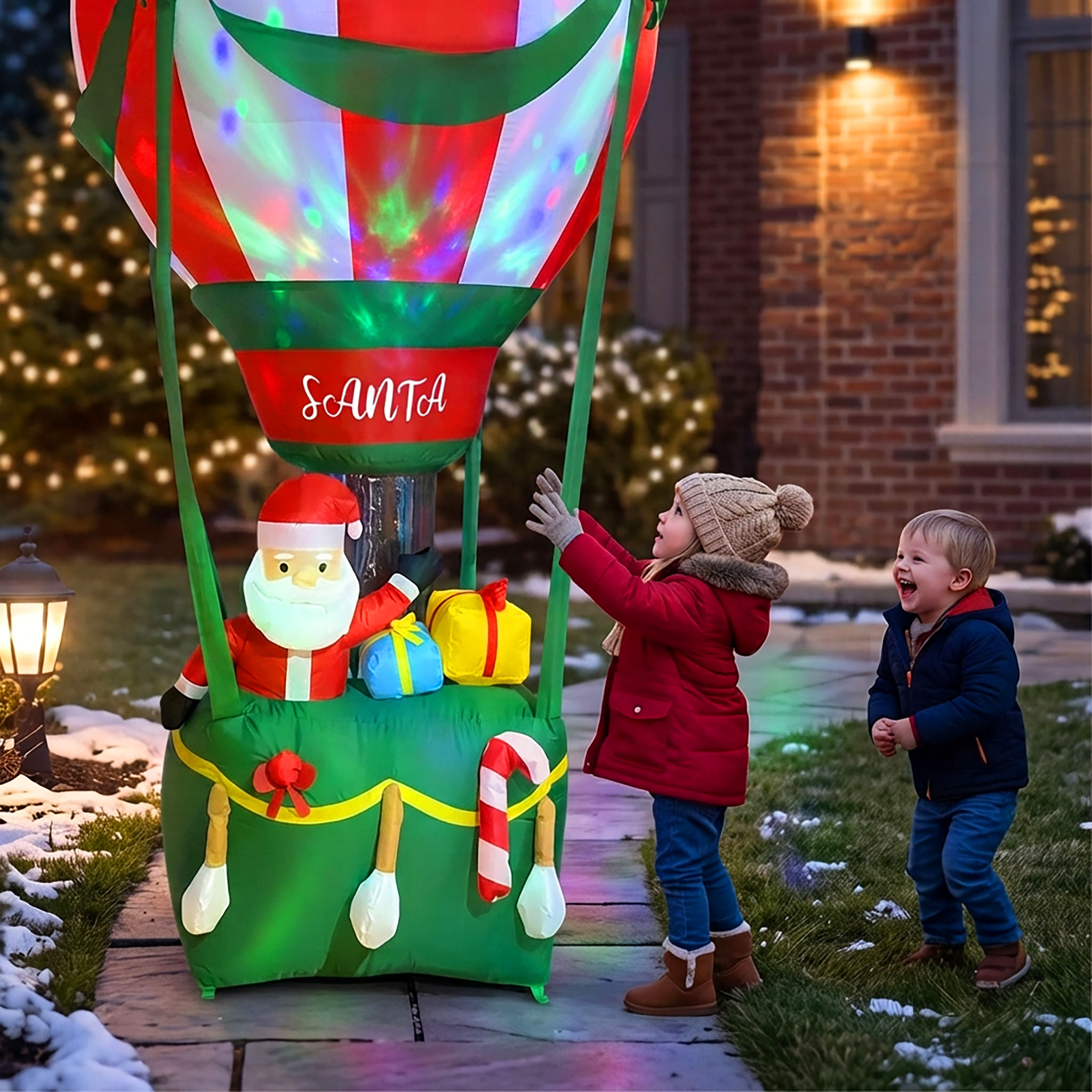 Aufblasbarer XL Weihnachts Heißluftballon mit LED Beleuchtung - 210 x 110 cm - Riesen Nikolaus Gartendeko selbstaufblasend bunt beleuchtet