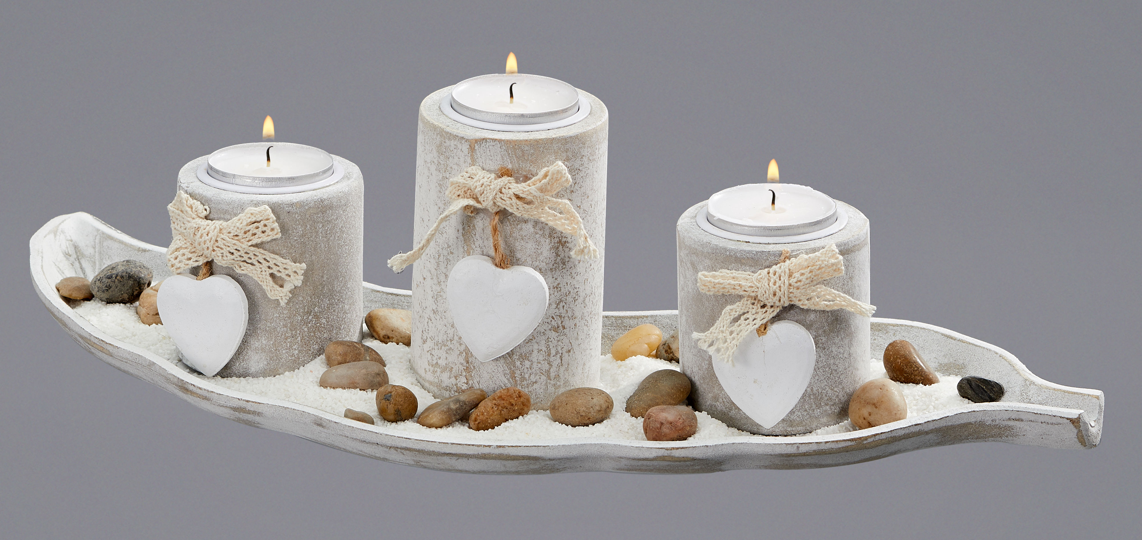 Teelichthalter Deko Set 6-teilig mit Tablett - antik weiß - Kerzen Tischdeko inklusive Steine
