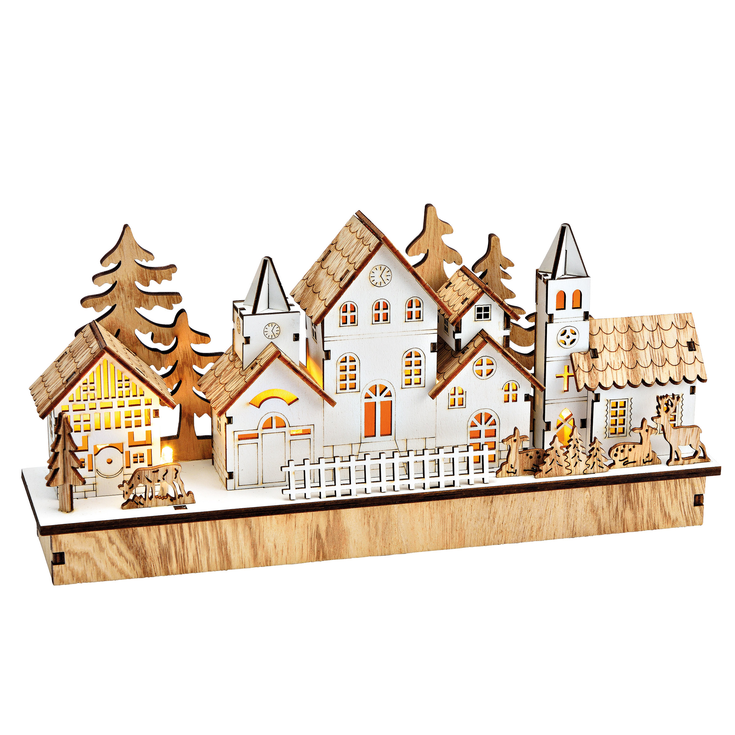 LED Holz Winterstadt Aufsteller warm weiß beleuchtet - 30 x 14 cm - Weihnachtsdorf Szene Tischdekoration Batterie betrieben