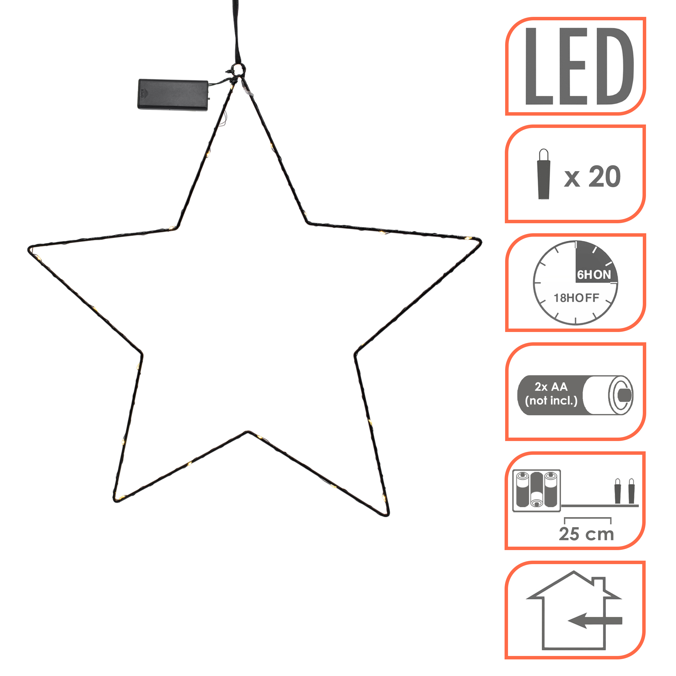 Metall Leuchtstern zum Hängen schwarz mit Timer - 20 LED - Stern Silhouette 50 cm warm weiß beleuchtet batteriebetrieben