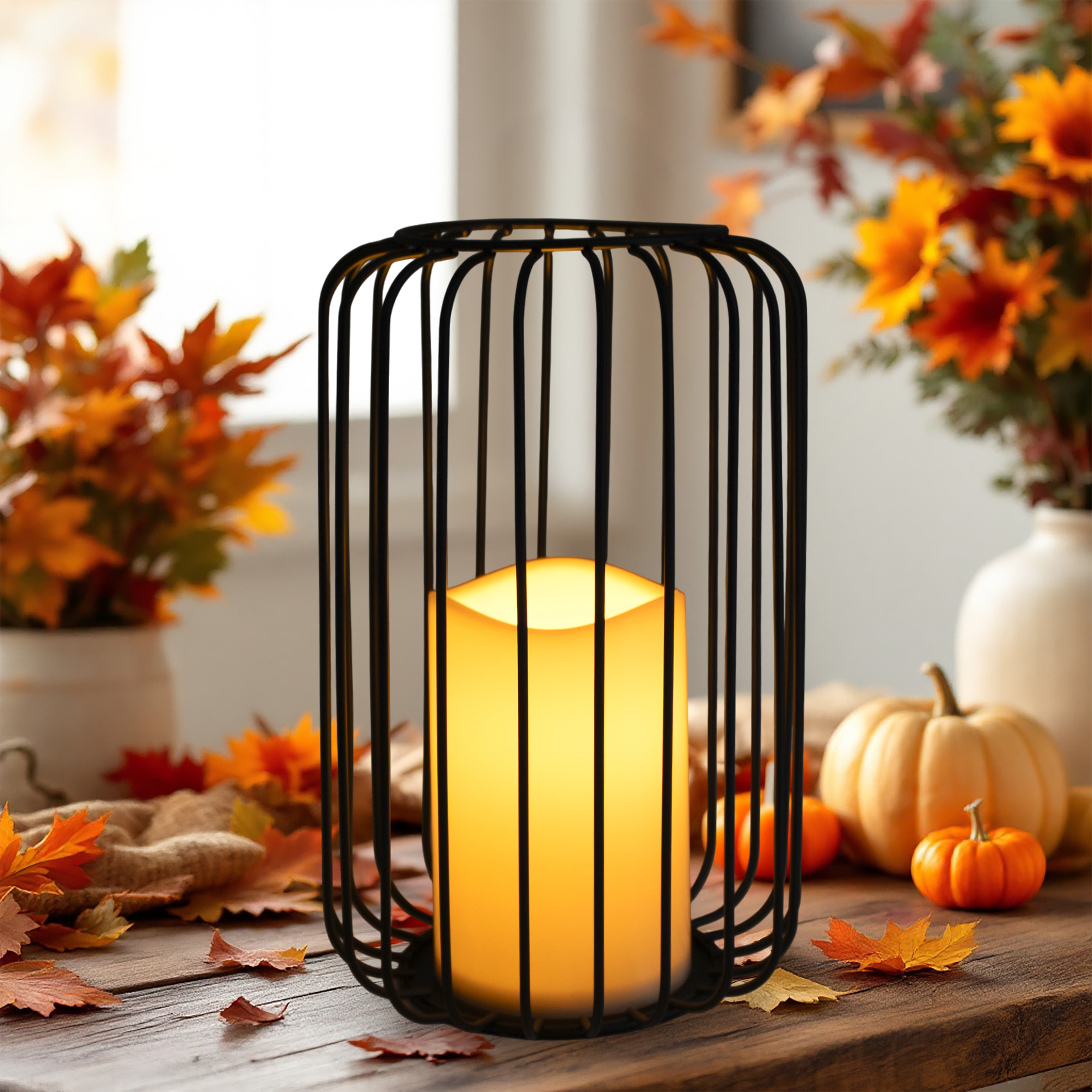 Metall Gitter Windlicht schwarz mit LED Kerze - 22 x 14 cm - Tisch Laterne warm weiß beleuchtet mit Timer