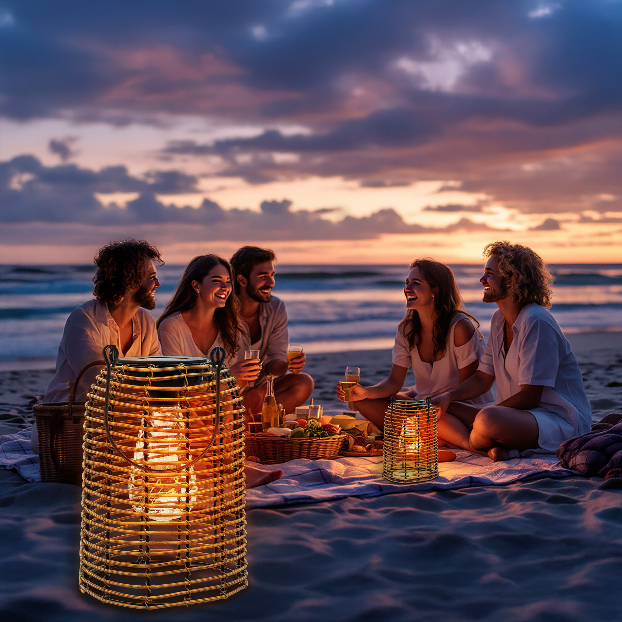 Solar Hängeleuchte in Rattan Optik natur mit LED Glühbirne - 20 x 16 cm - Deko Gartenlaterne zum Hängen warm weiß beleuchtet
