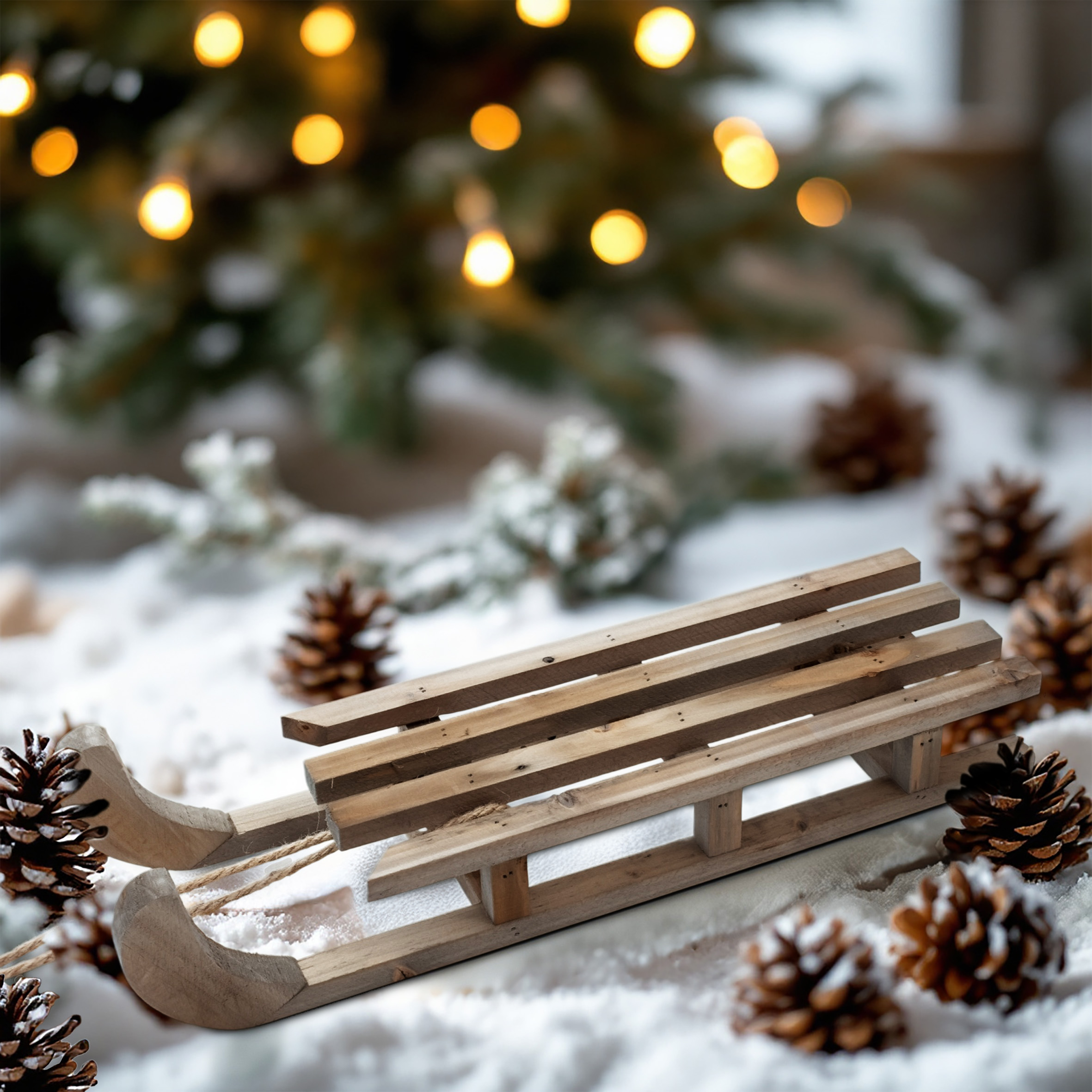 Dekoschlitten aus Holz natur mit Seil - 46 x 12 cm - Deko Holzschlitten mit Naturkordel