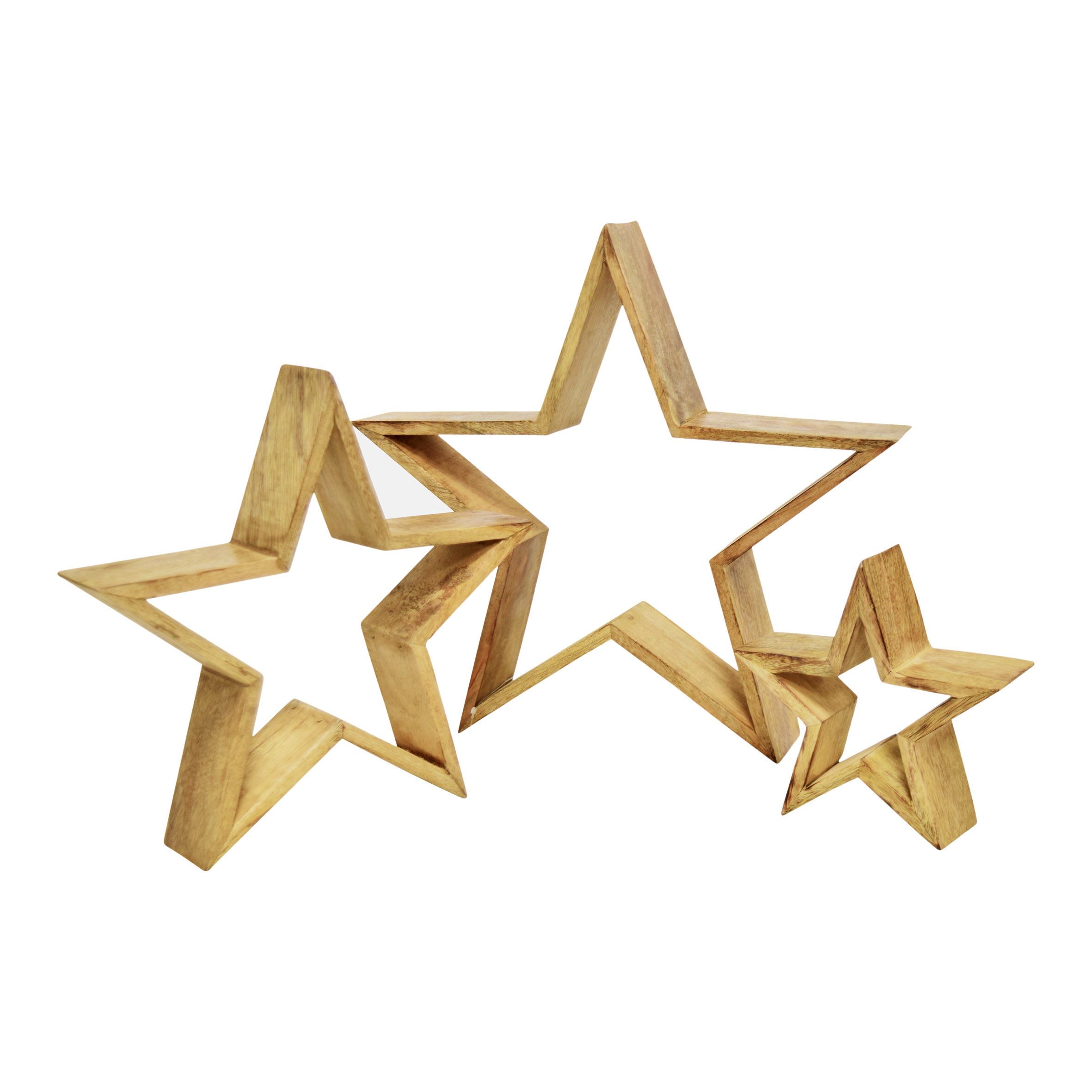 Mango Holz Stern Aufsteller 3er Set natur - 39 / 29 / 20 cm - Holz Weihnachtstern Tisch Deko