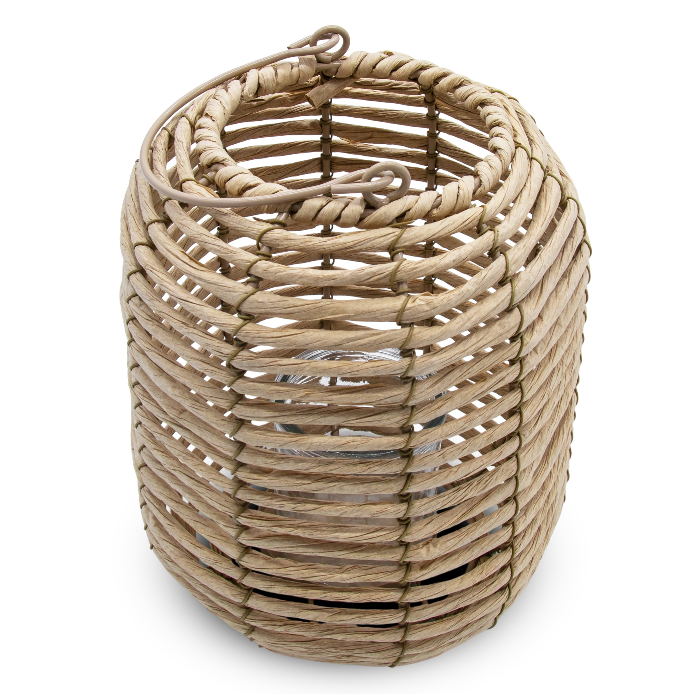 Rattan Windlicht rund natur mit Kerzenglas -  23 x 19 cm - Bast Laterne mit Bügel zum Hängen