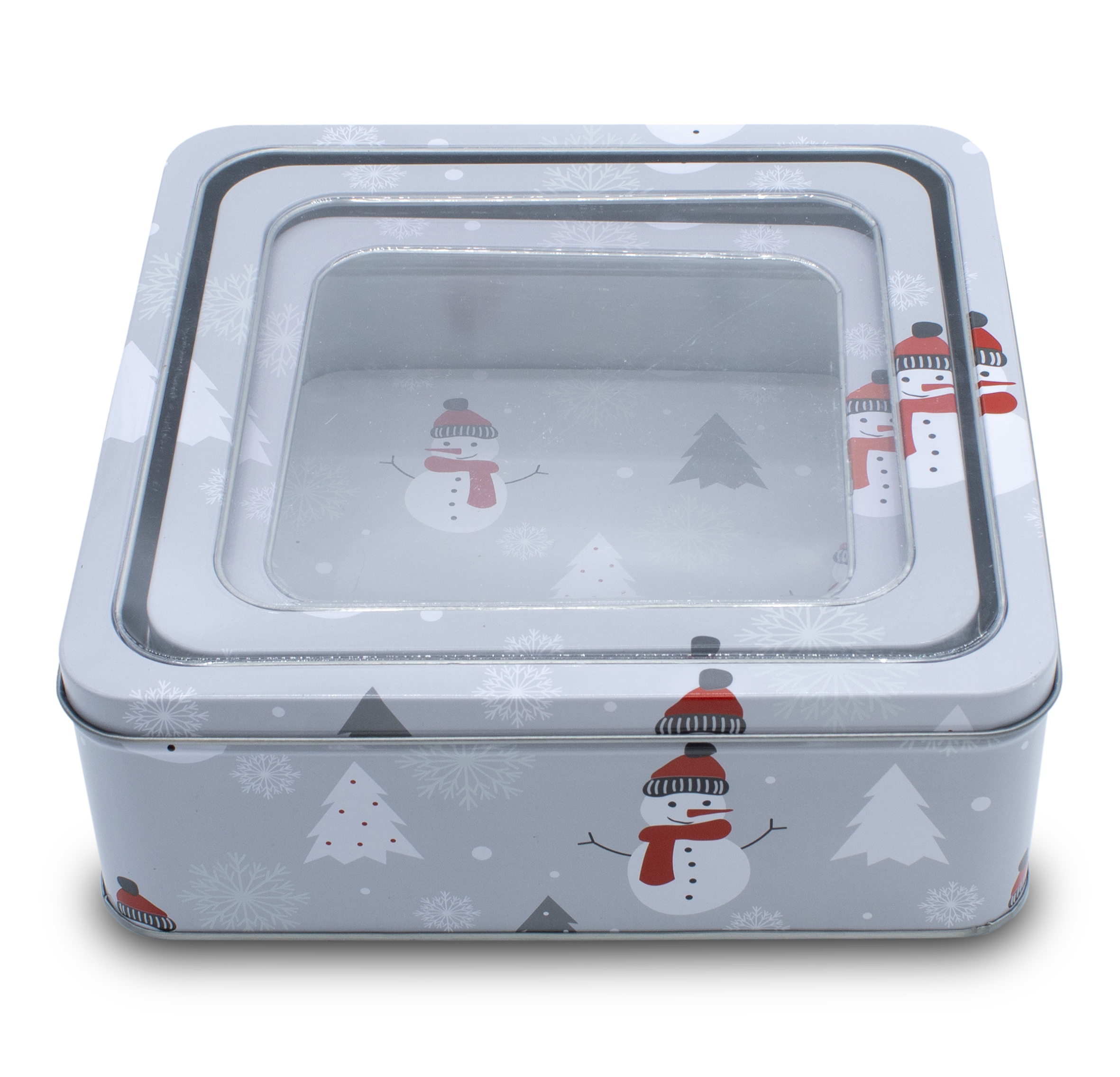 Metall Gebäckdose mit Sichtfenster 3er Set eckig -  21 / 17 / 15 cm - Weihnachts Plätzchen Vorratsdose mit Schneemann Motiv