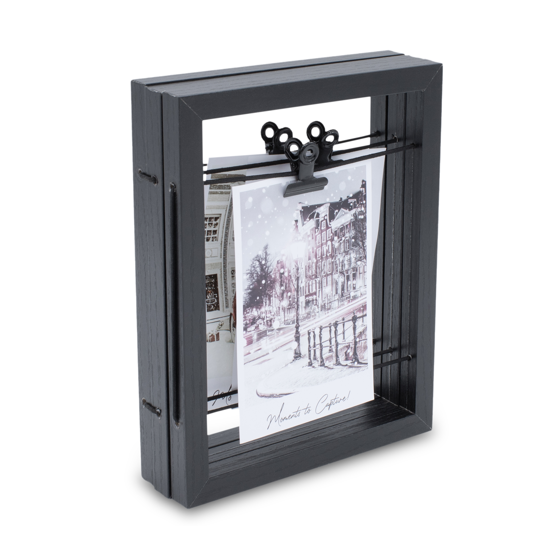 Holz Bilderrahmen mit Gummileine für 3 Fotos - 54 x 23 cm - Fotohalter aufklappbar mit 3 Clips