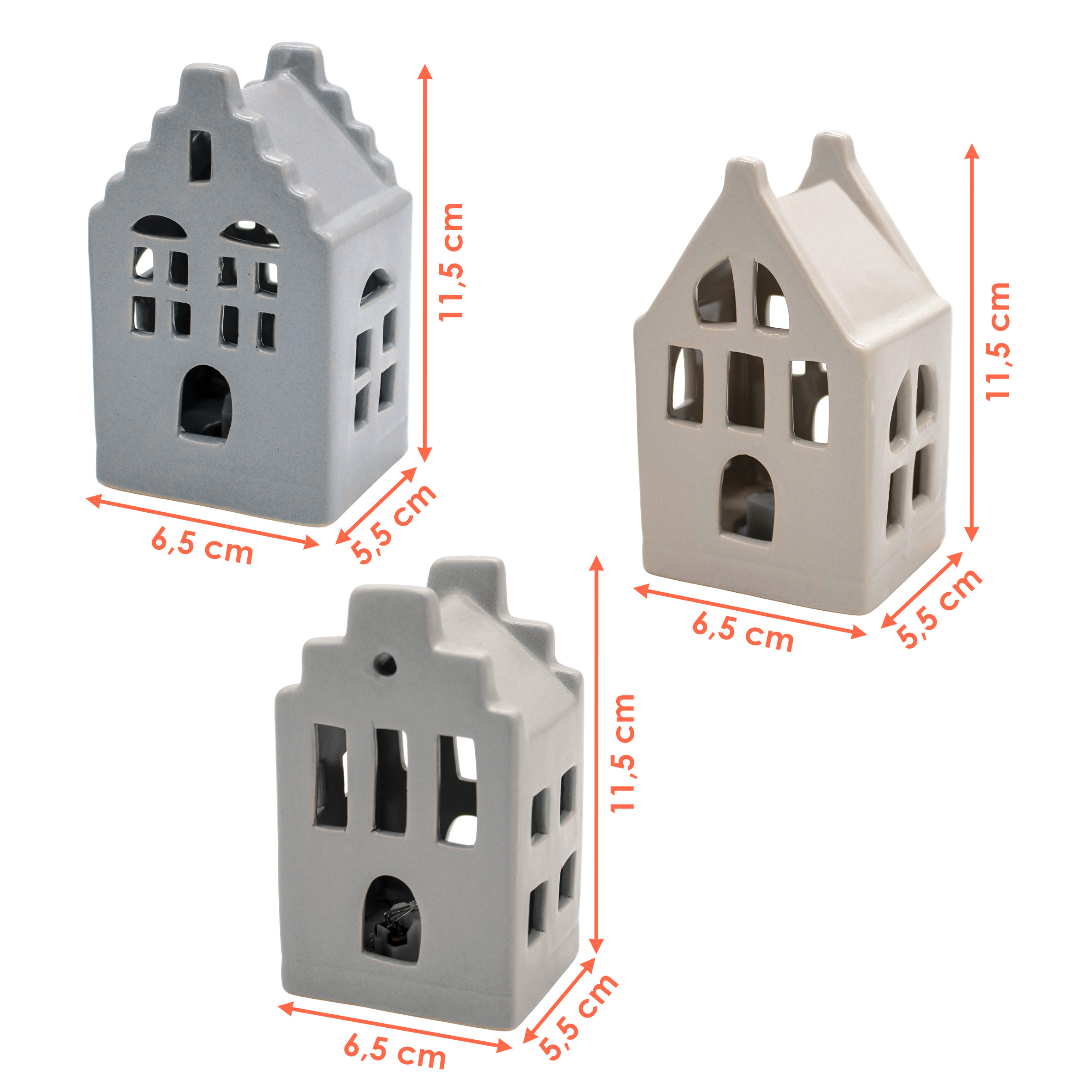 LED Porzellan Haus 11 cm inklusive Batterie - 3er Set - Deko Weihnachtsdorf mit Beleuchtung in warm weiß