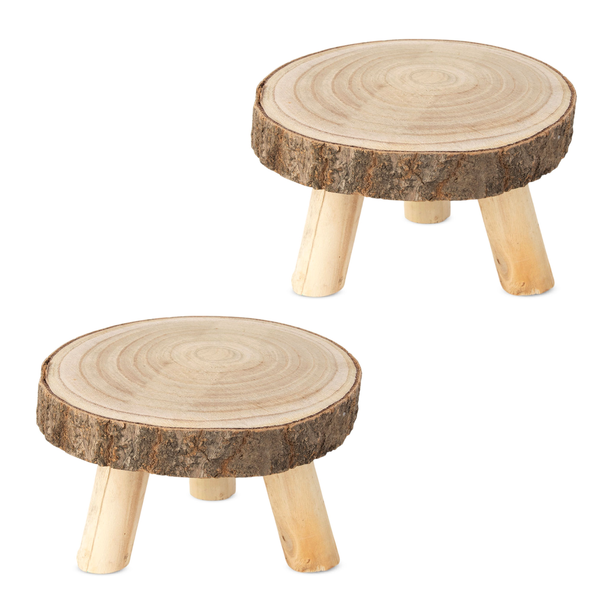 Blumenhocker aus Baumscheibe rund mit Rinde - 2er Set - Holz Pflanzenständer natur auf 3 Füßen