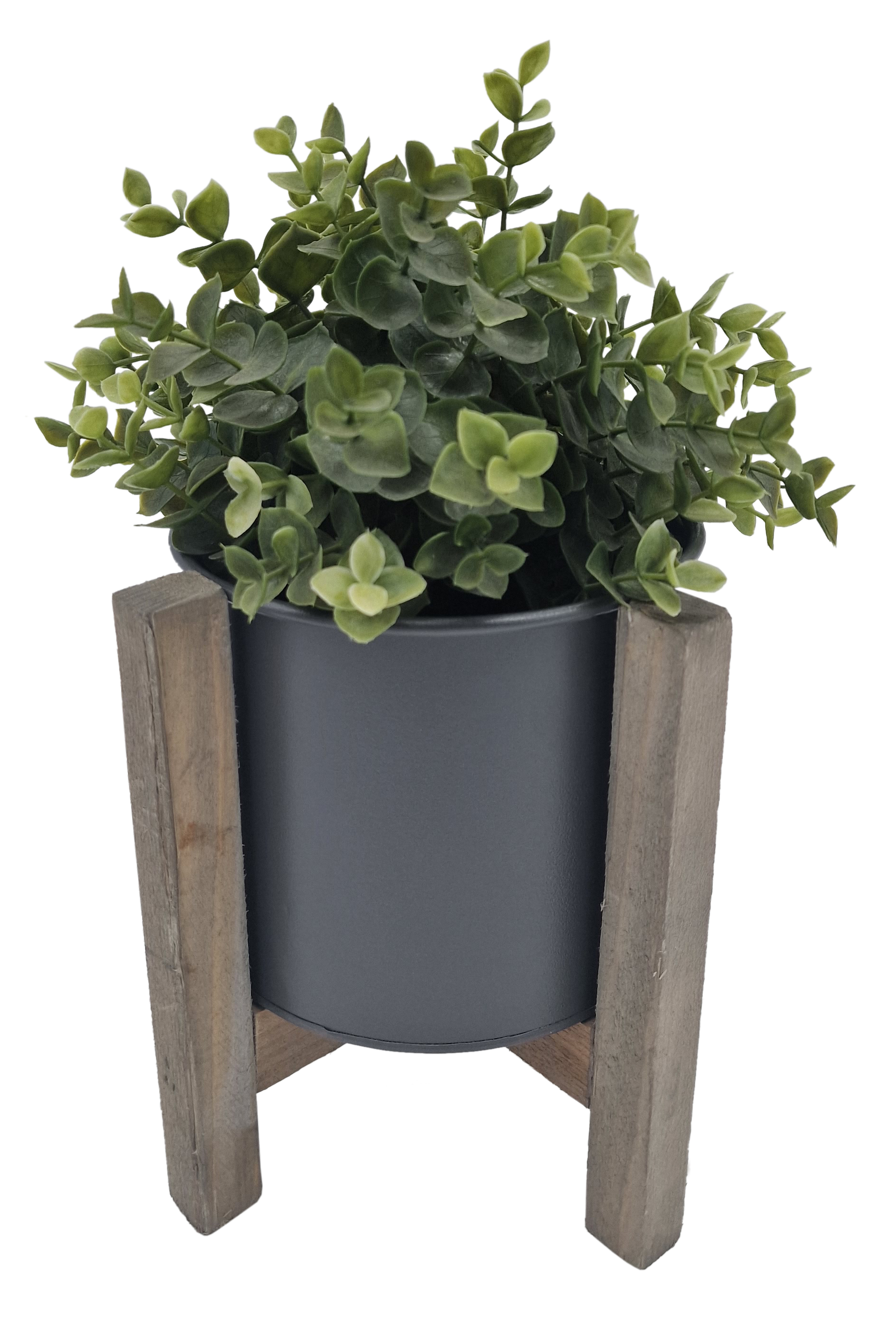 Metall Pflanztopf grau mit Holz Ständer - 20 cm
