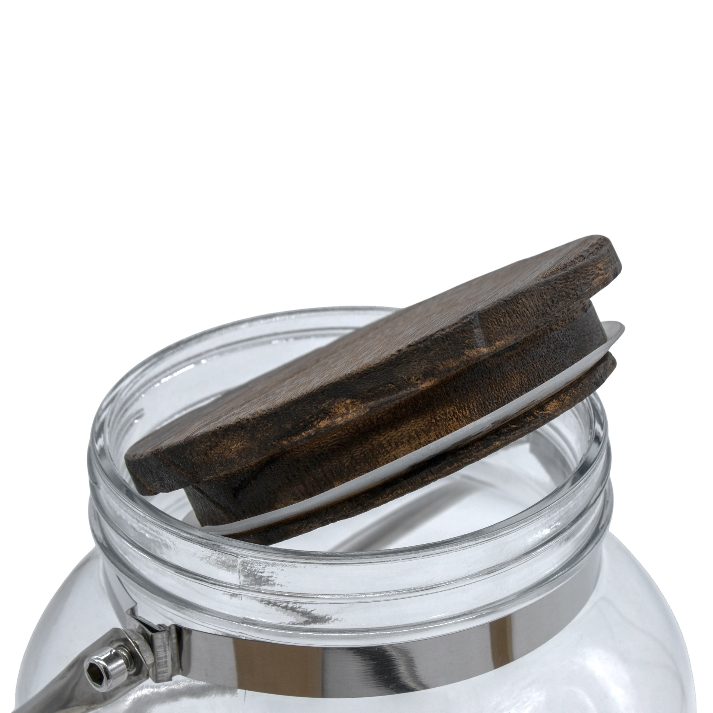 Getränkespender mit Zapfhahn und luftdichtem Holzdeckel - 6 Liter - Glas Wasserspender mit Tragegriff aus Metall