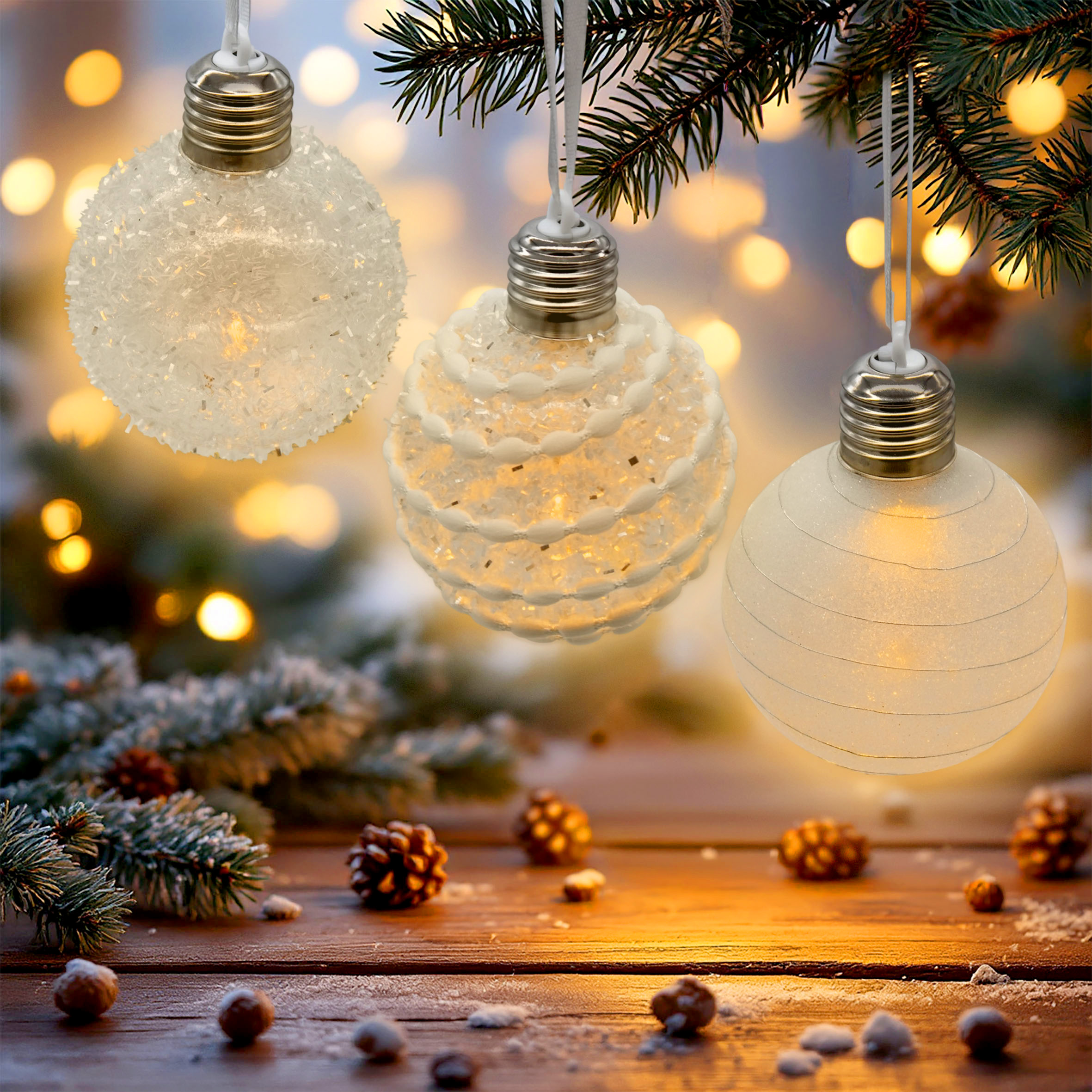 LED Weihnachtskugel satiniert 8 cm inklusive Batterie - 3er Set - Kunststoff Baumkugeln warm weiß beleuchtet