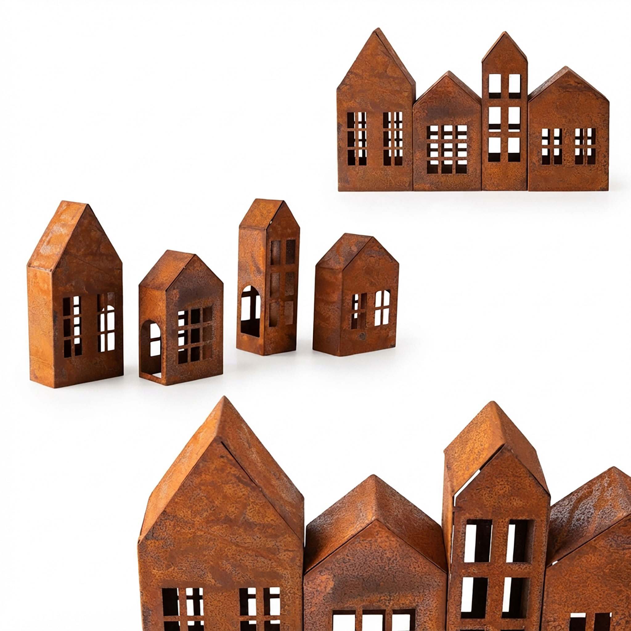 Metall Haus rotbraun mit Edelrost 4er Set - 2x 15 cm | 2x 20 cm - Weihnachtsdorf Teelichthalter mit Rost Patina