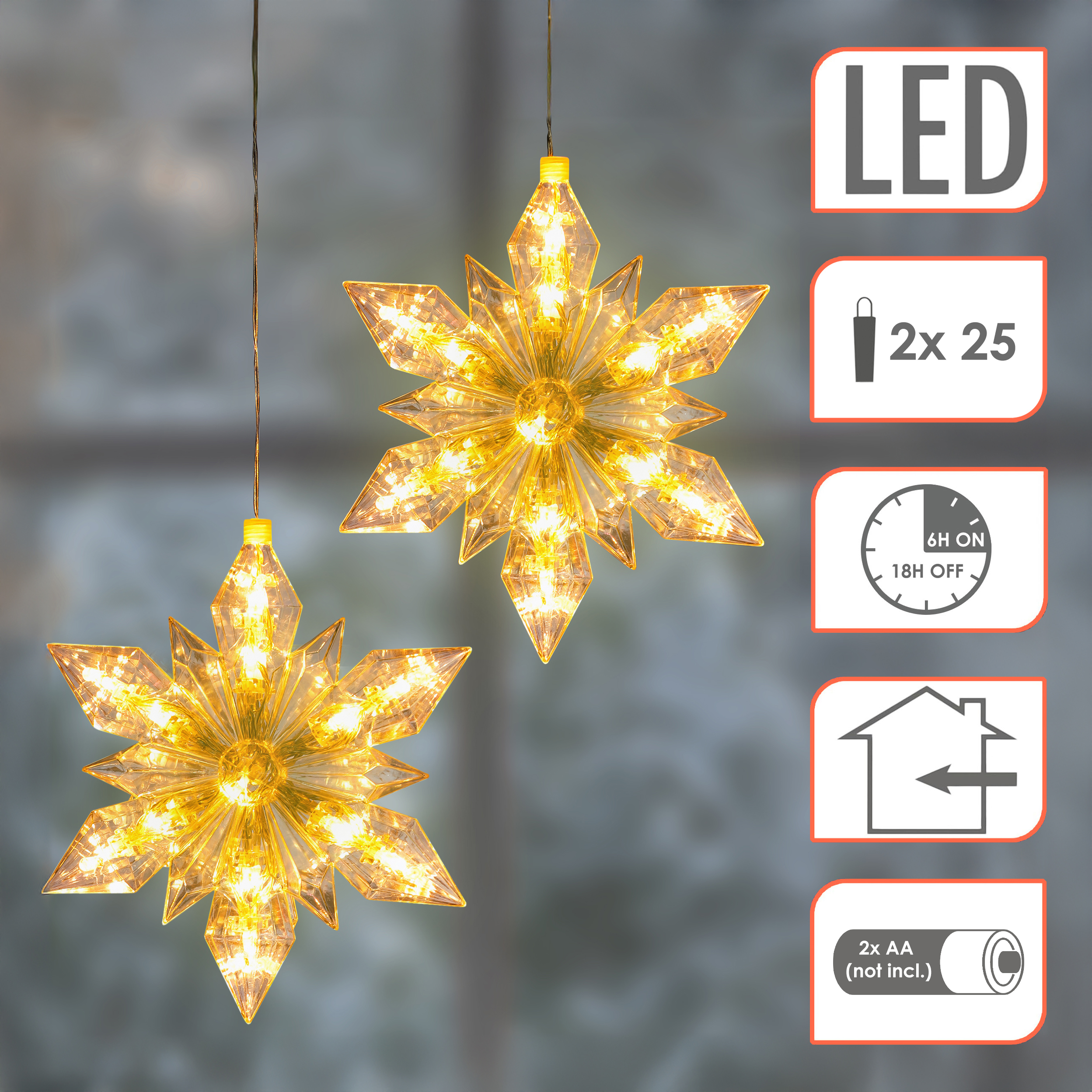 LED Schneeflocke zum Hängen 23 cm mit Timer - 2er Set - Weihnachtsstern warm weiß beleuchtet Batterie betrieben