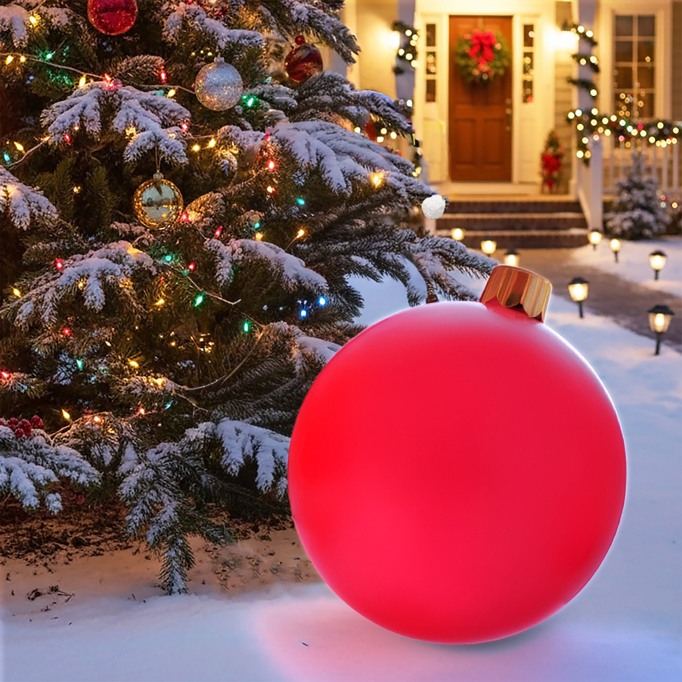 Riesen Weihnachtskugel aufblasbar 45 cm mit Erdspieß - rot - XXL Christbaumkugel Garten Dekoration mit Saugnapf
