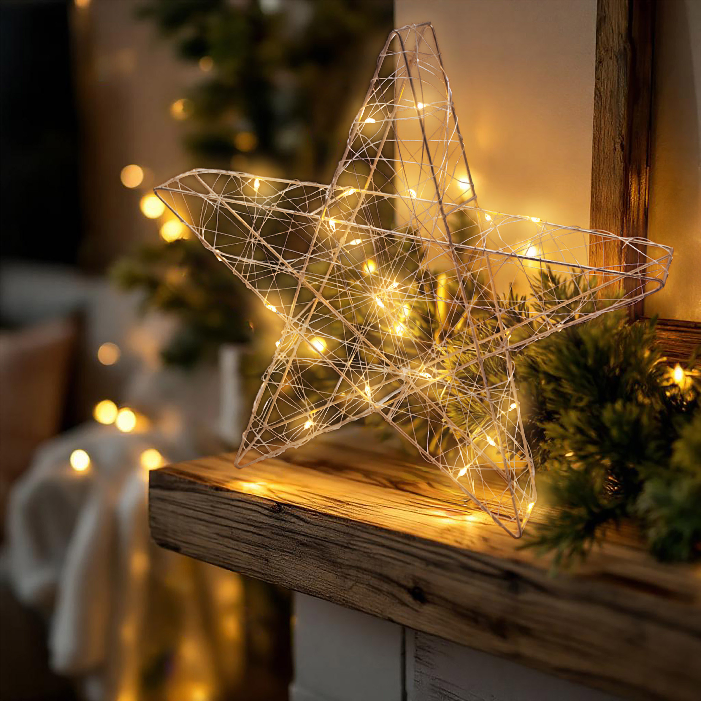Draht Leuchtstern champagner 30 cm mit Timer - 25 LED - Metall Stern Silhouette warm weiß beleuchtet batteriebetrieben
