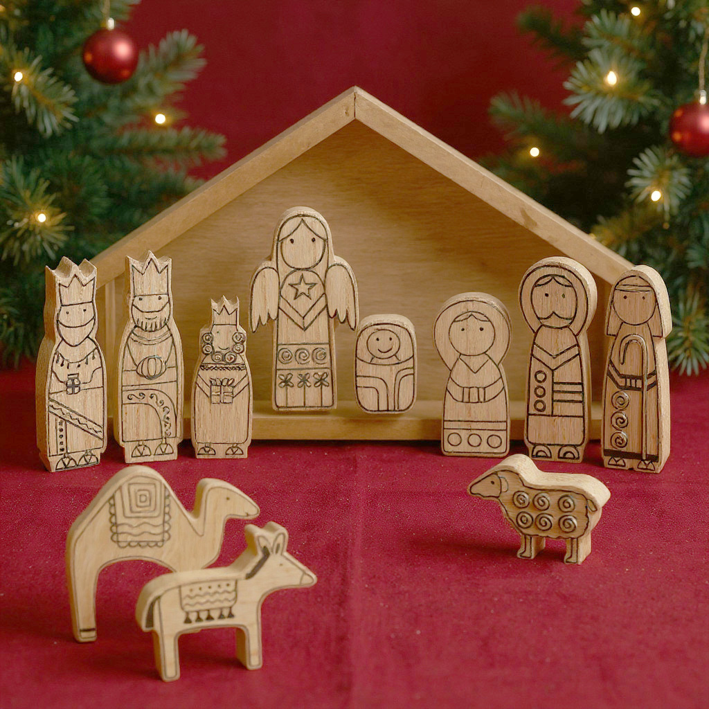 Weihnachts Krippenstall und Figuren aus Holz natur - 12 teilig - Weihnachtskrippe mit Stall und 11 Holzfiguren