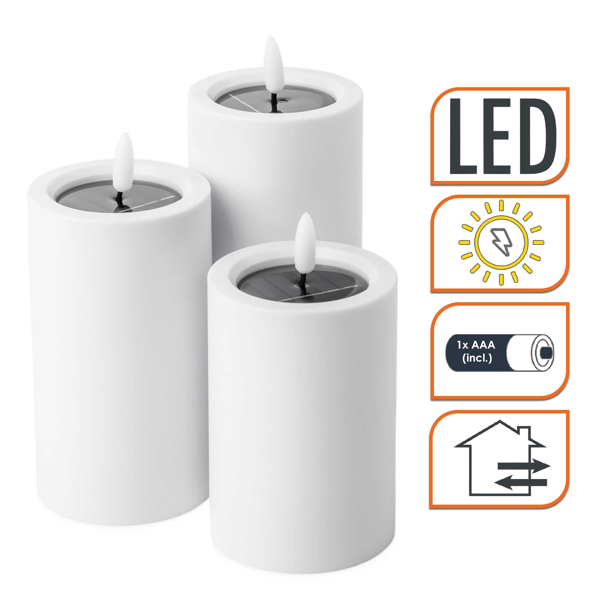 Solar LED Stumpenkerzen mit Flammen Effekt 3er Set - 15 / 12 / 10 cm - Künstliche Kerze warm weiß für Außen mit Flackereffekt