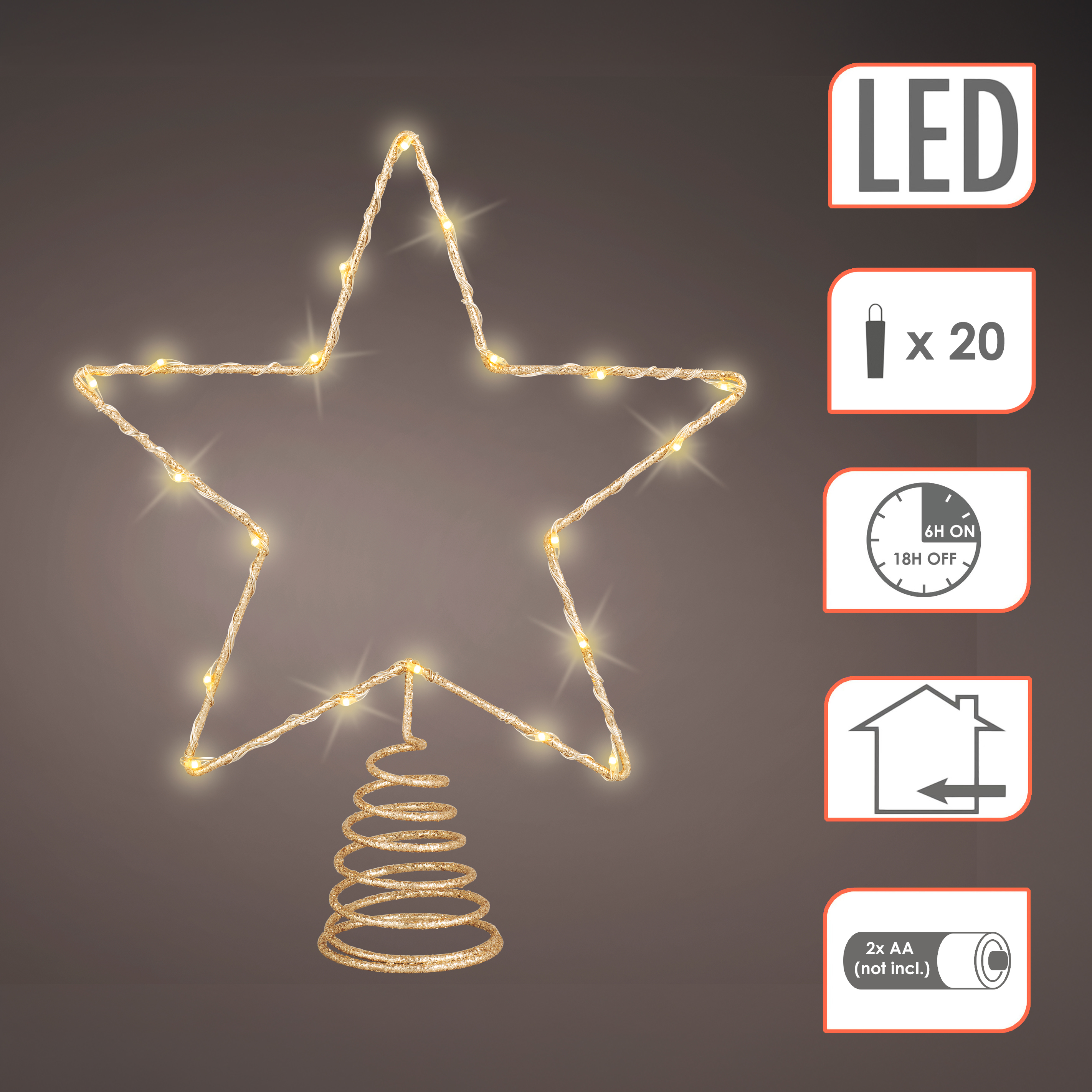 LED Weihnachtsbaum Spitze 27 cm warm weiß mit Timer - gold - Beleuchteter Stern für den Christbaum Batterie betrieben