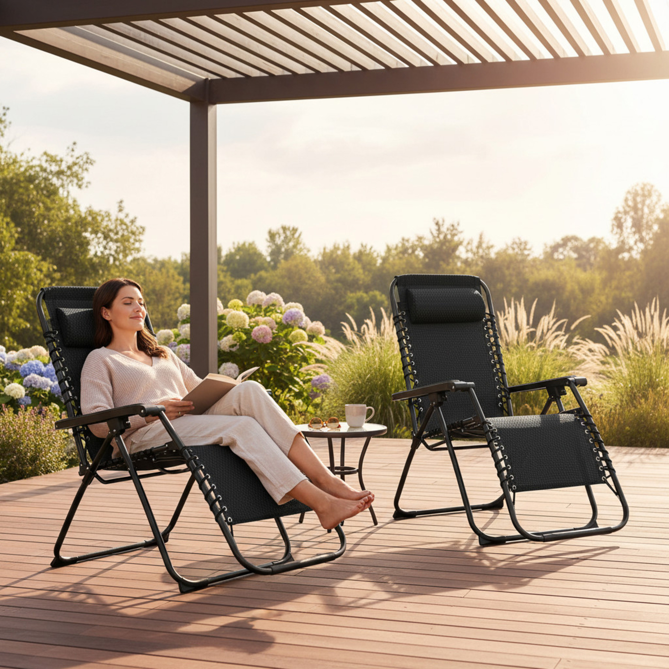 Relax Sessel mit Kopfkissen - 178 cm / anthrazit - Verstellbarer Garten Liegestuhl