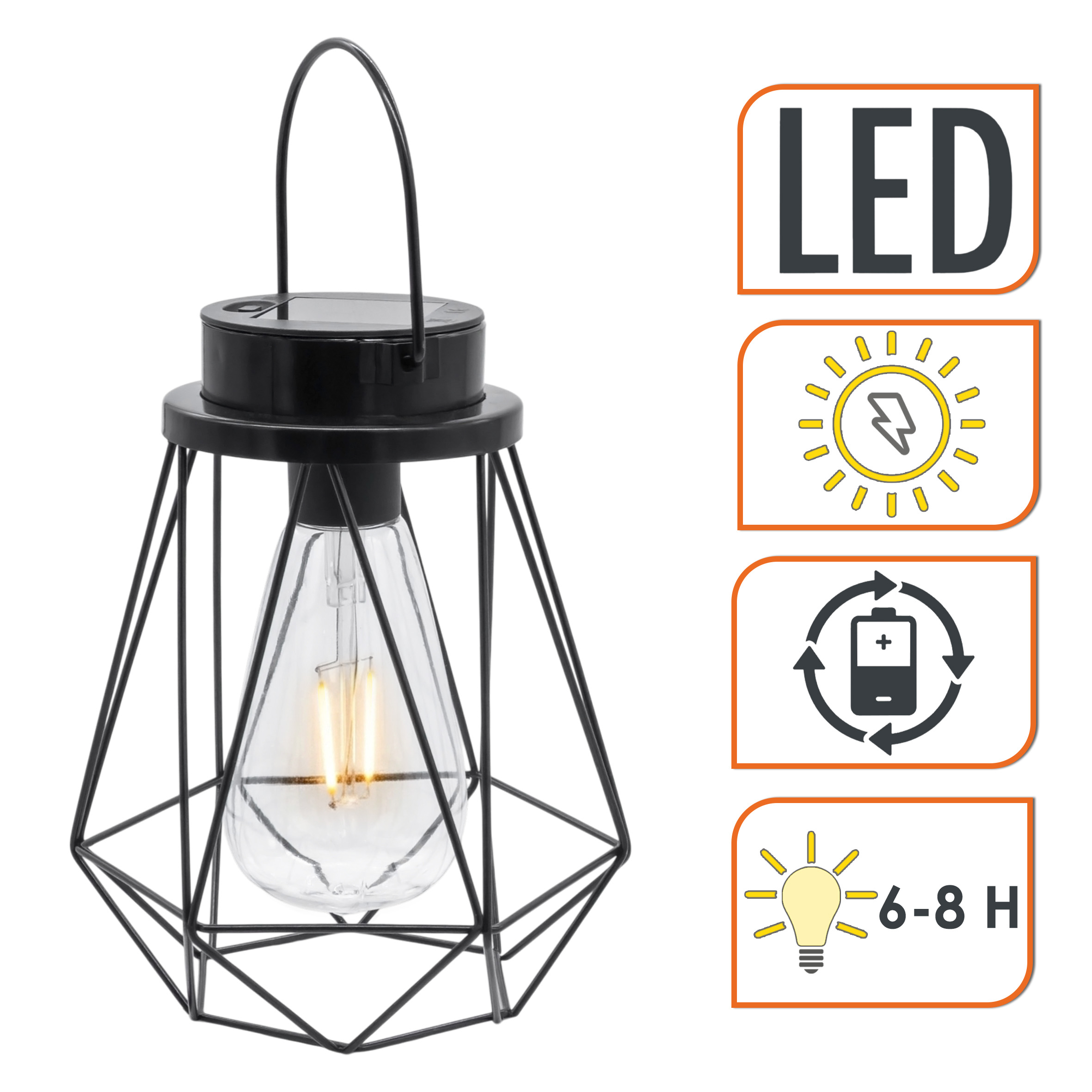 Solar Laterne schwarz 18 x 15 cm zum Hängen oder Stellen - 2er Set - Industrial Design Dekoleuchte mit LED Glühbirne warm weiß