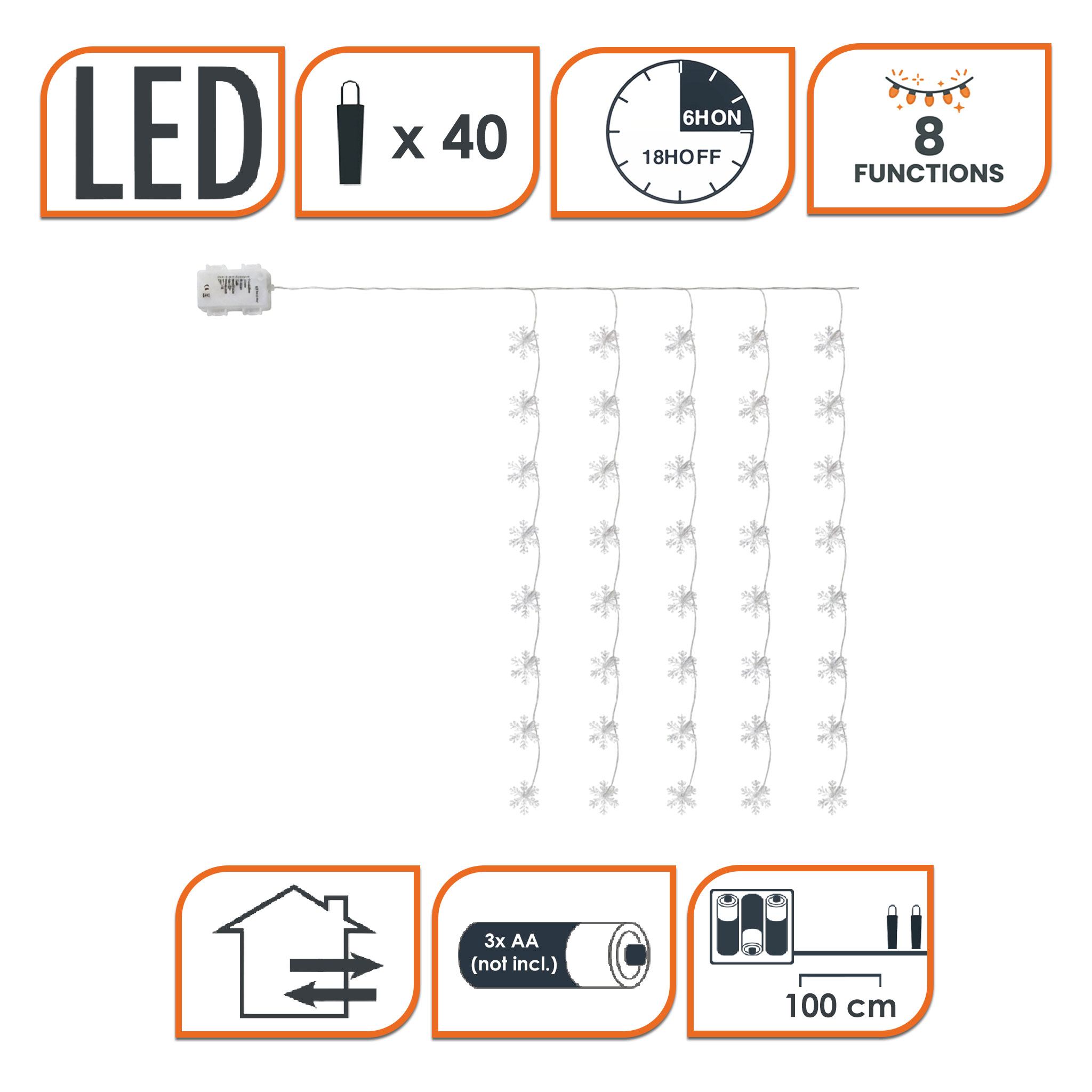 Schneeflocke Lichtervorhang - 40 LED / 100 cm - Weihnachten Fenster Deko mit Timer