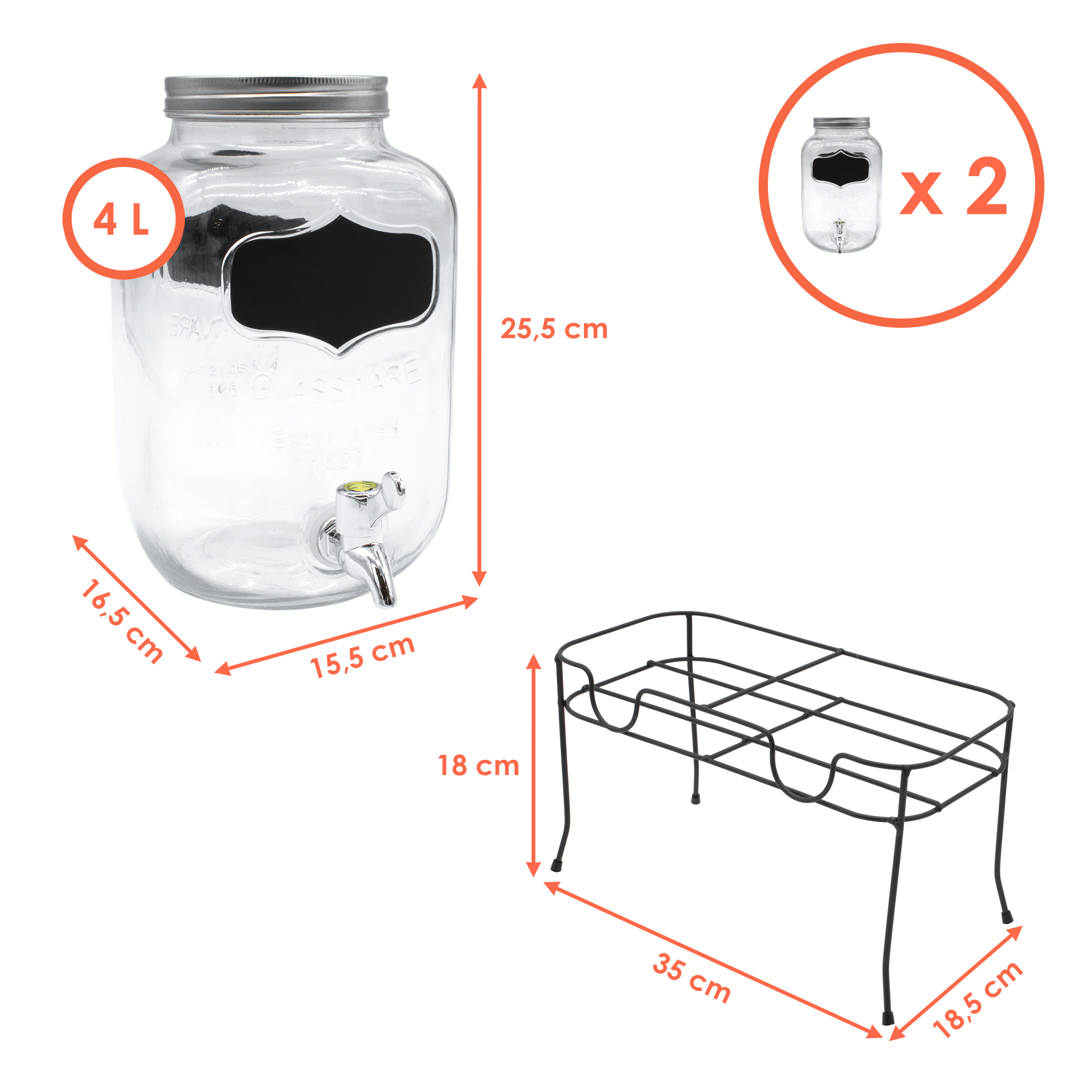Glas Getränkespender mit Zapfhahn - 2er Set / je 4 Liter - Wasser Spender mit Beschriftungsfeld