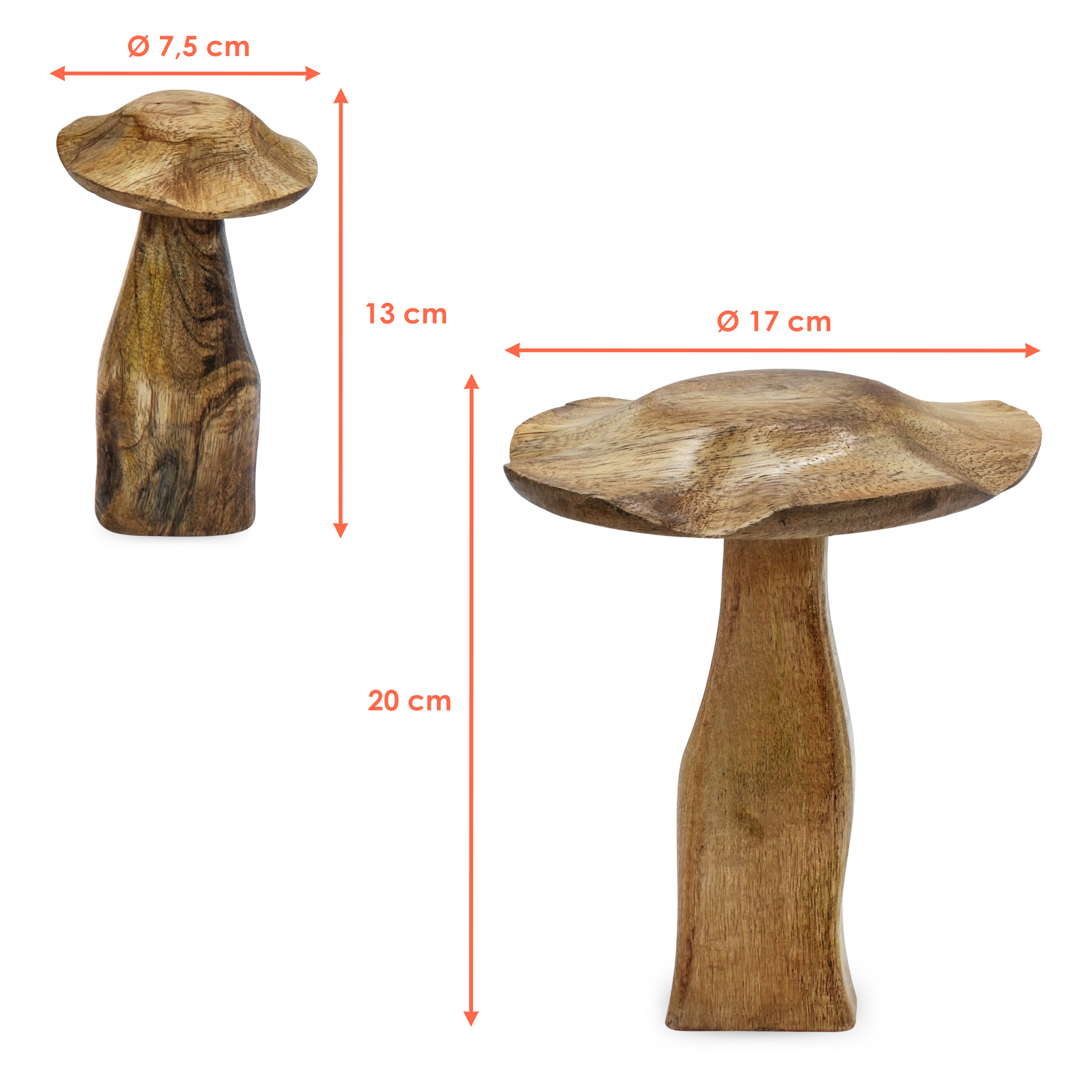 Mangoholz Deko Pilz 3er Set natur - 20 / 13 cm - Holz Waldpilz Dekofigur