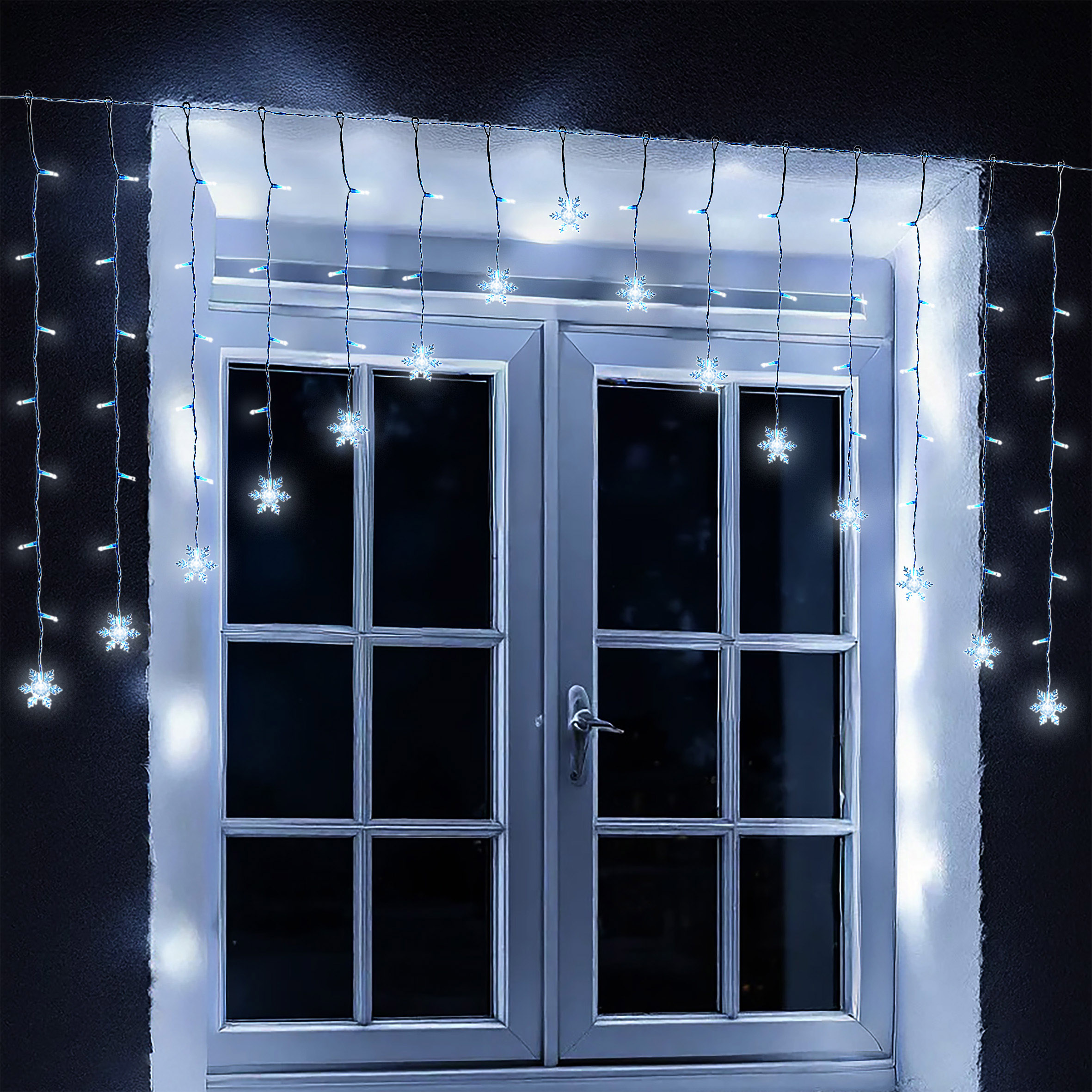 Schneeflocken Lichtervorhang kalt weiß für Innen - 71 LED - Weihnachten Deko Lichterkette 140 x 95 cm
