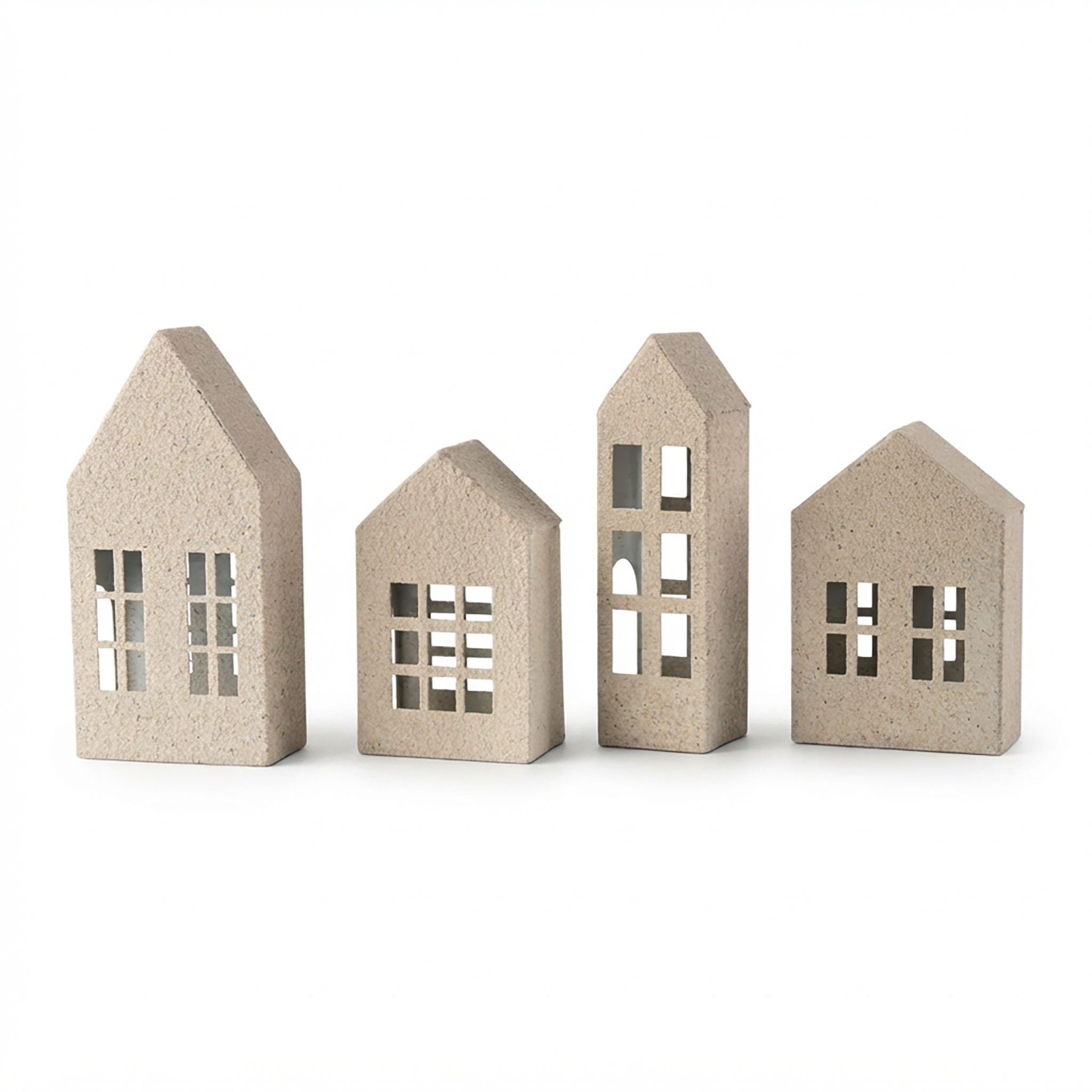 Metall Haus creme in Sandstein Optik 4er Set - 2x 15 cm | 2x 20 cm - Weihnachtsdorf Teelichthalter mit Sand Patina