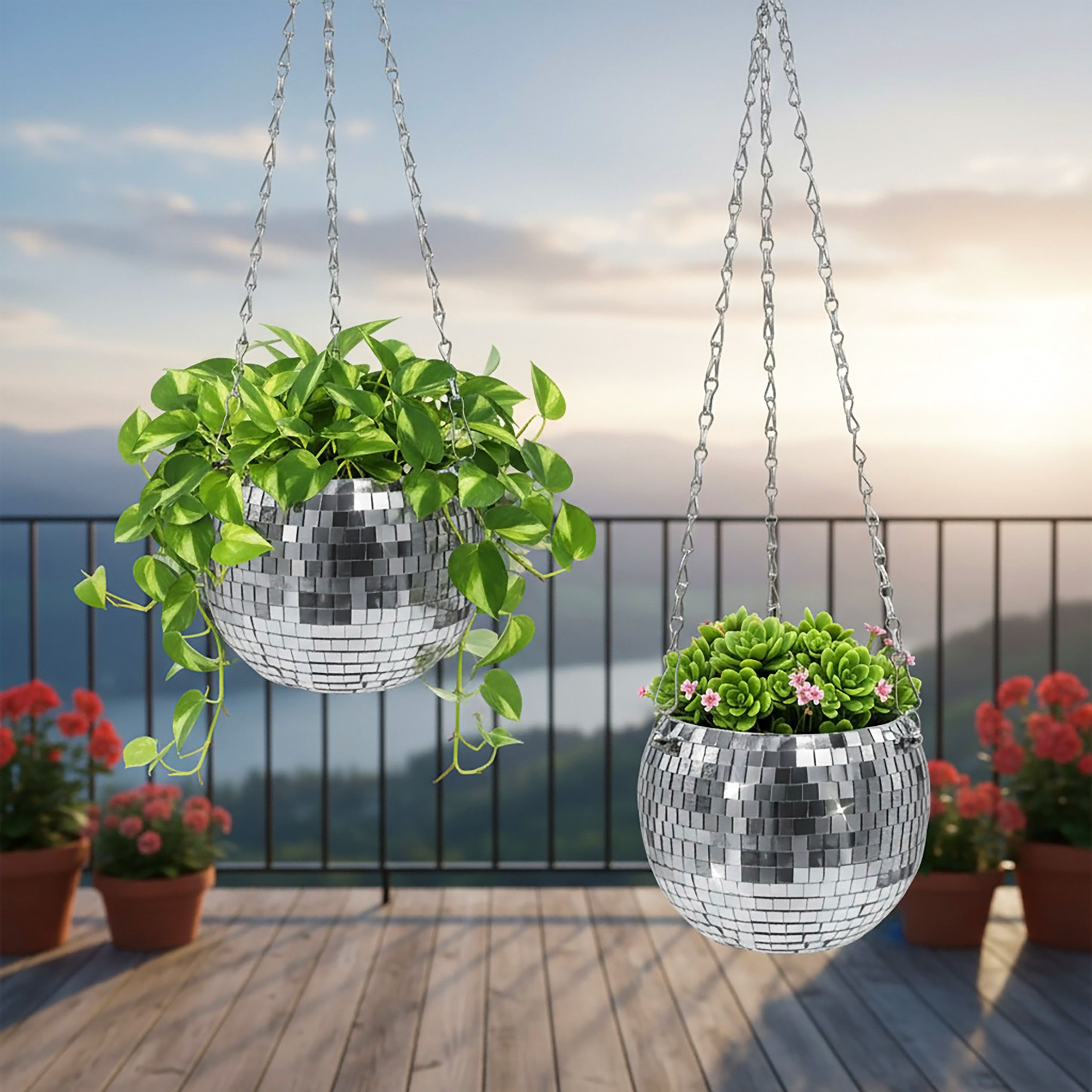 Hänge Pflanztopf im Discokugel Design 15 cm mit Metallkette - 2er Set - Blumenampel in Spiegelkugel Optik zum Aufhängen