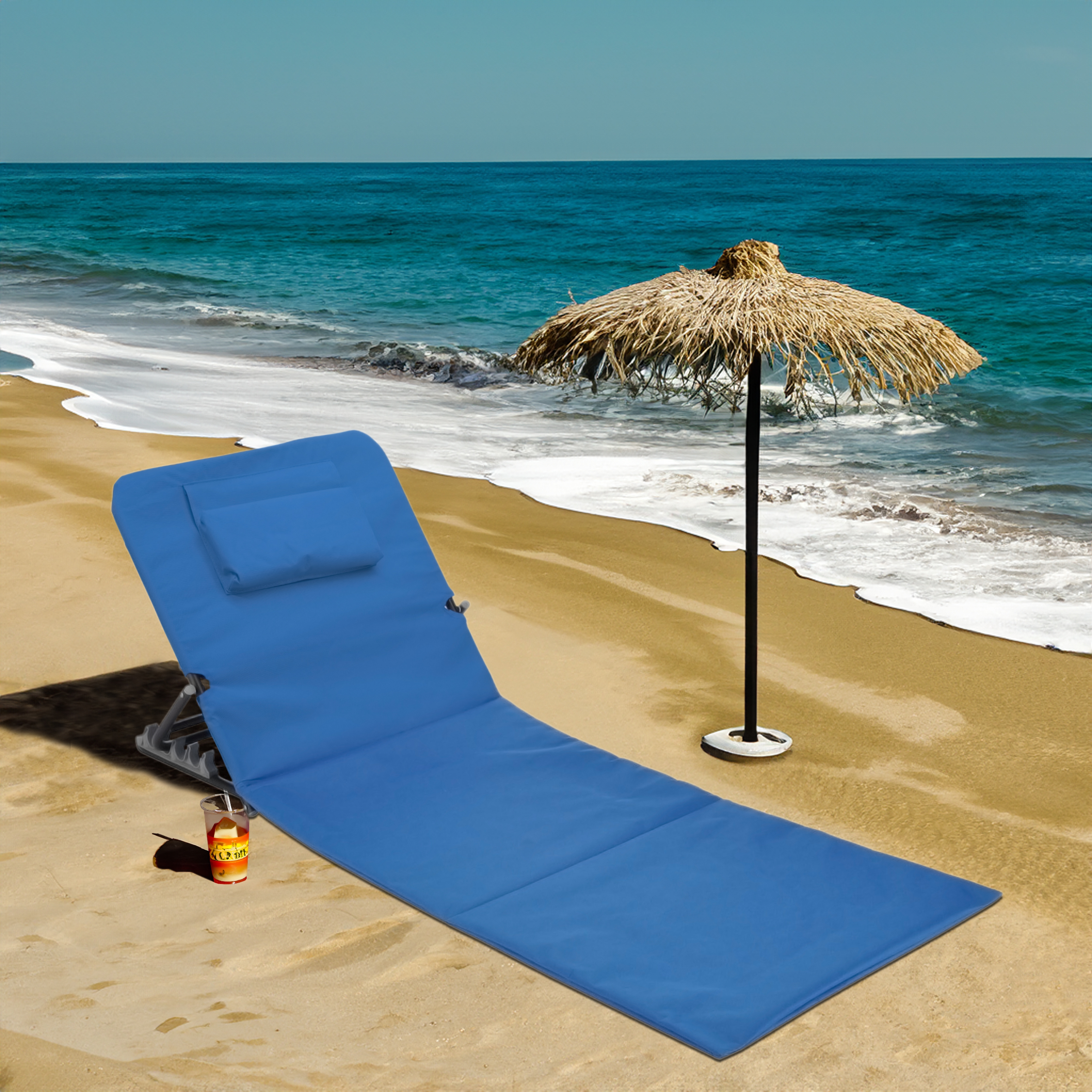 Strandmatte mit Kopfkissen klappbar - blau - Liegematte mit verstellbarer Rückenlehne