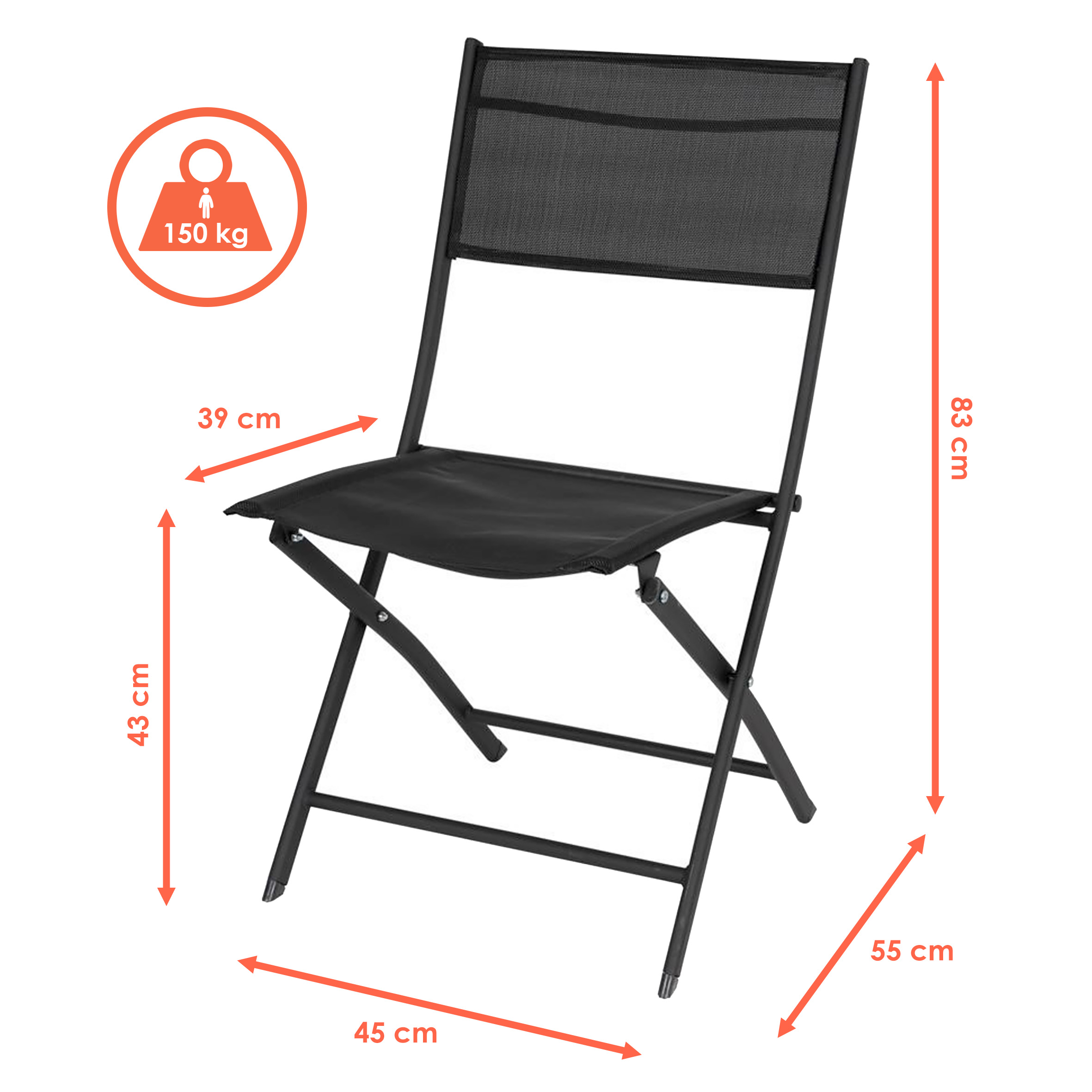 Balkon Klappstuhl schwarz - 83 x 55 cm - Faltbarer Stuhl aus Stahl und Textil