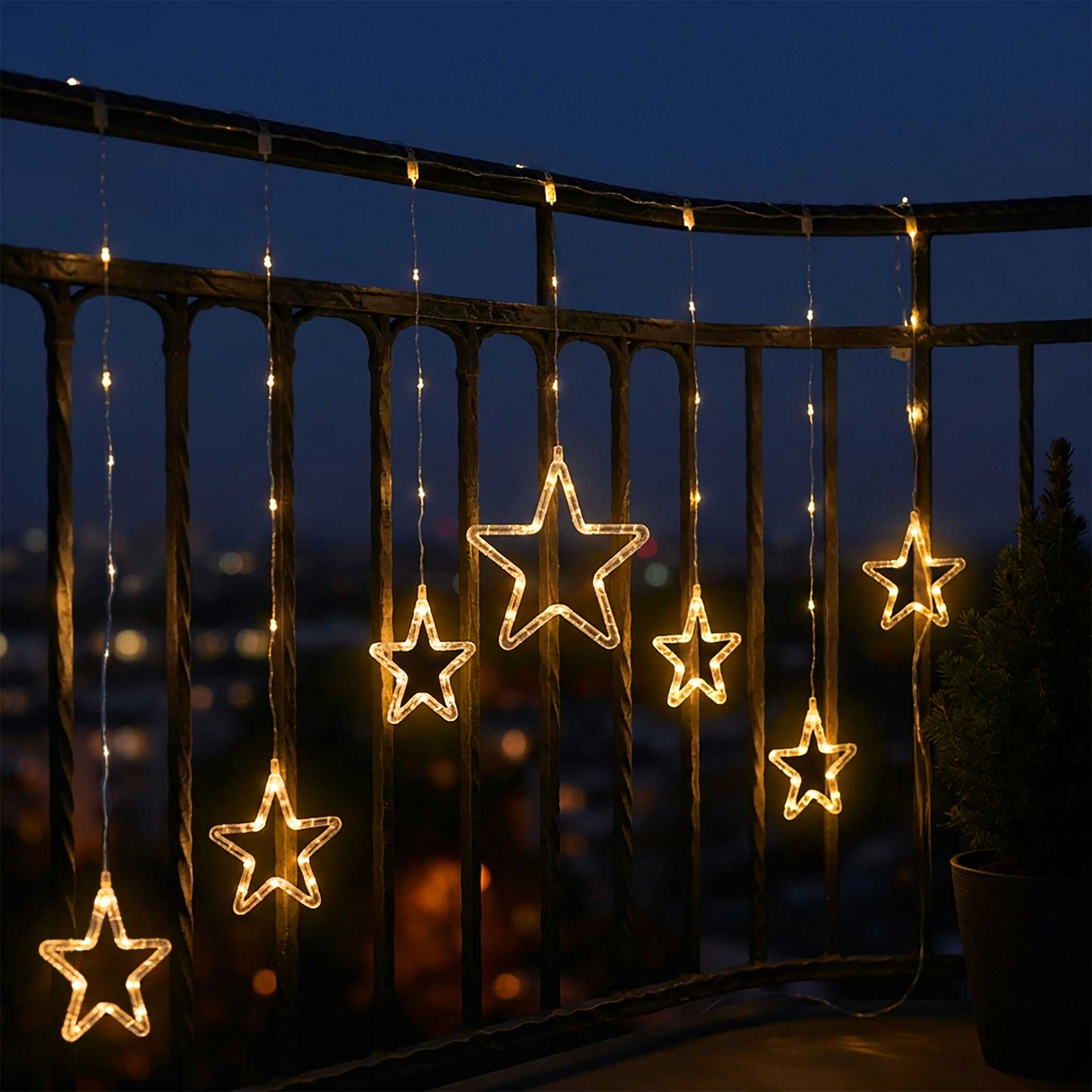LED Sternen Lichtervorhang warm weiß mit Timer - 120 cm - Deko Lichterkette mit 136 LED für Innen und Außen