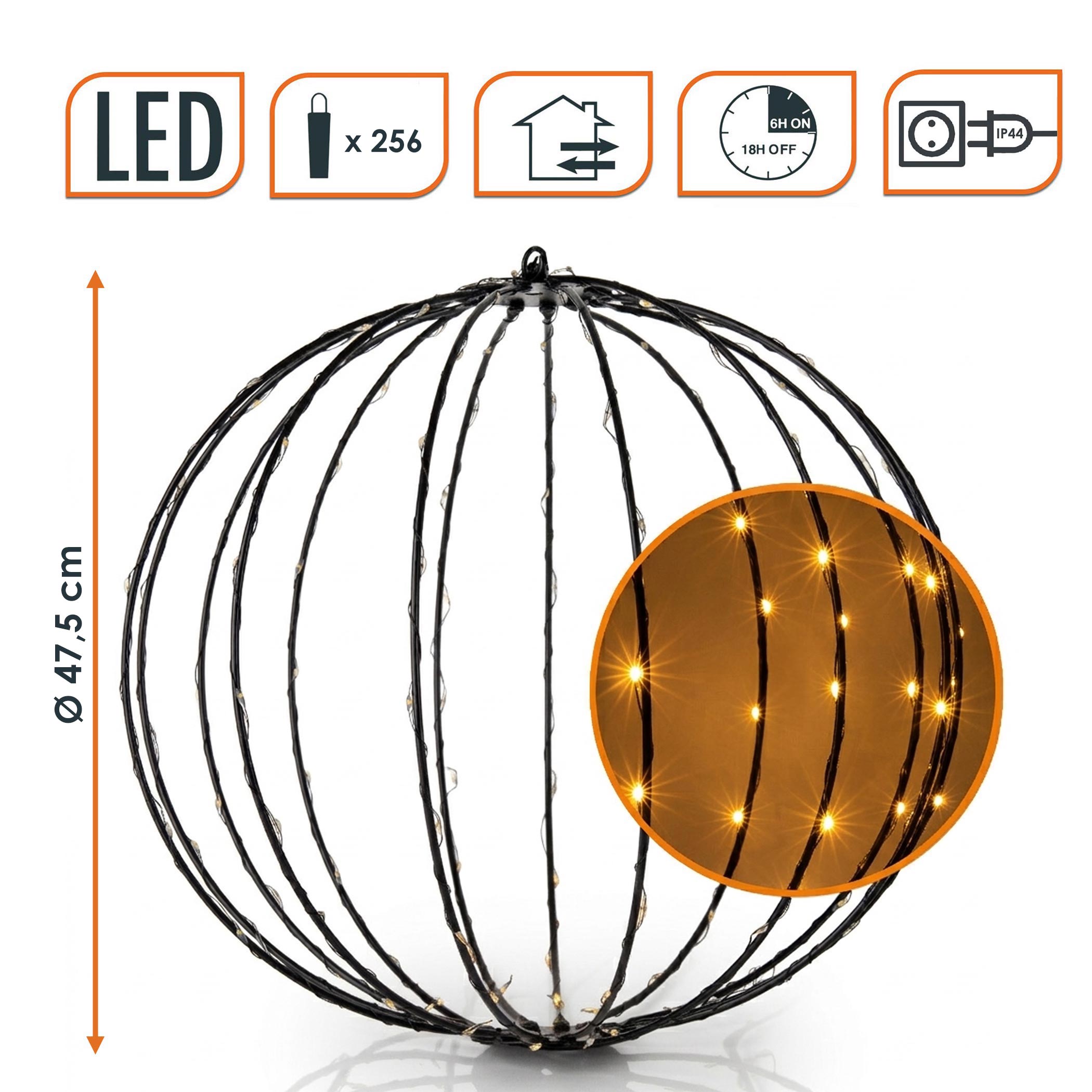 Metall Leuchtball schwarz mit Twinkle Effekt für Außen mit Timer - 47 cm - Garten Dekoleuchte 256 Flashing LEDs in warm weiß mit Netzteil