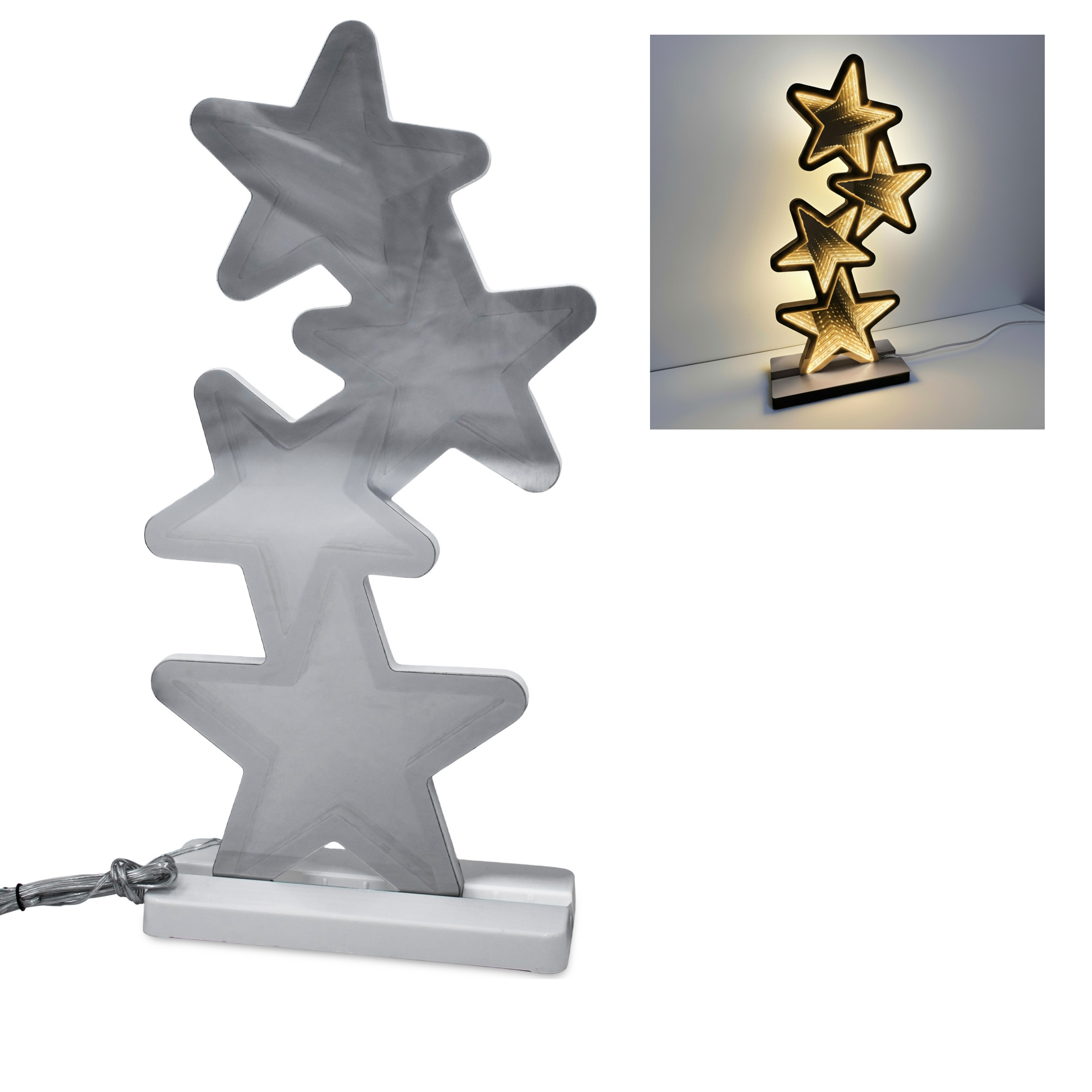 Deko Tischleuchte Sterne 41 cm mit Infinity Effekt Beleuchtung - 117 LED - 3D Weihnachts Dekofigur beidseitig beleuchtet