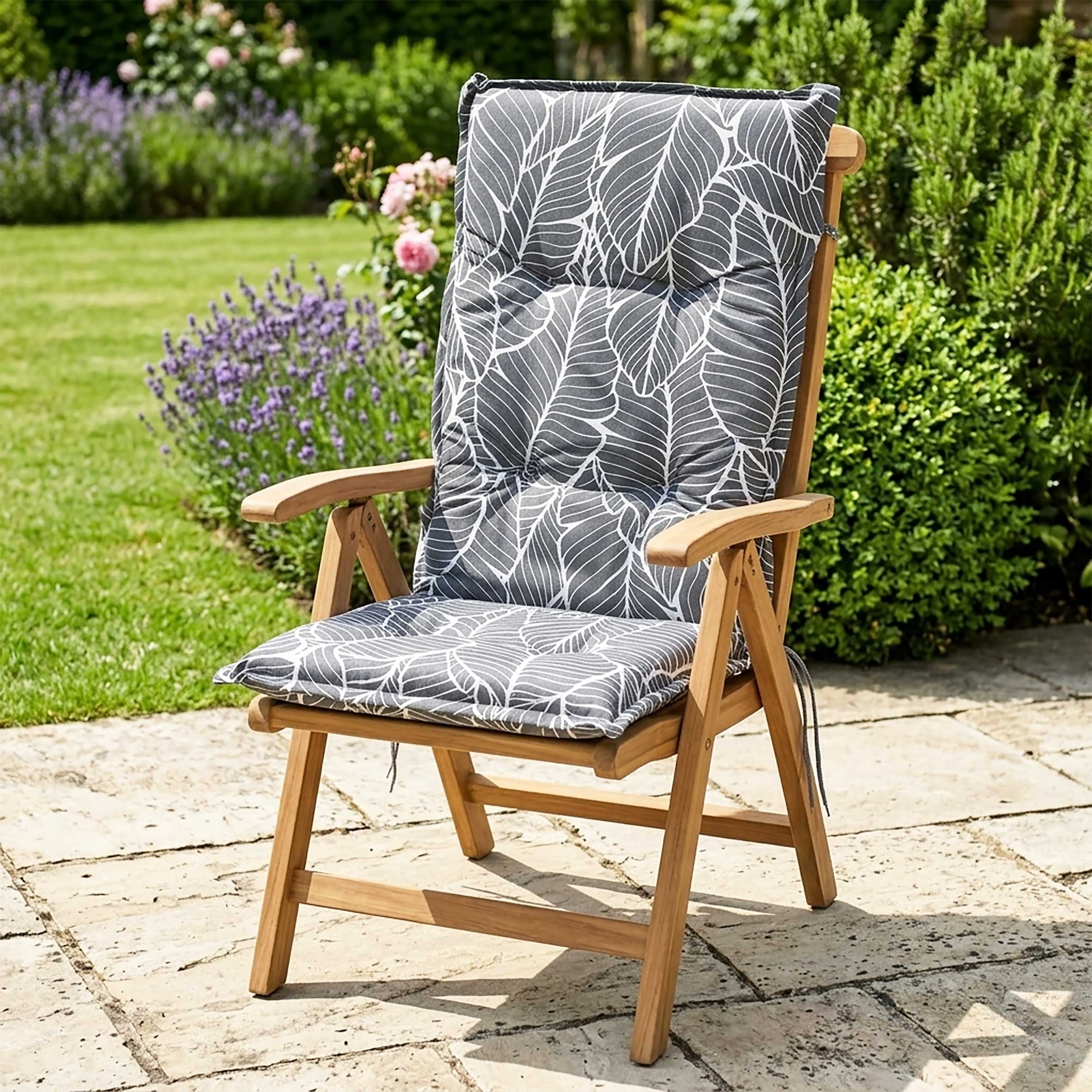 Universal Hochlehner Auflage "Blätter" - 123 cm - Gartenstuhl Kissen in grau