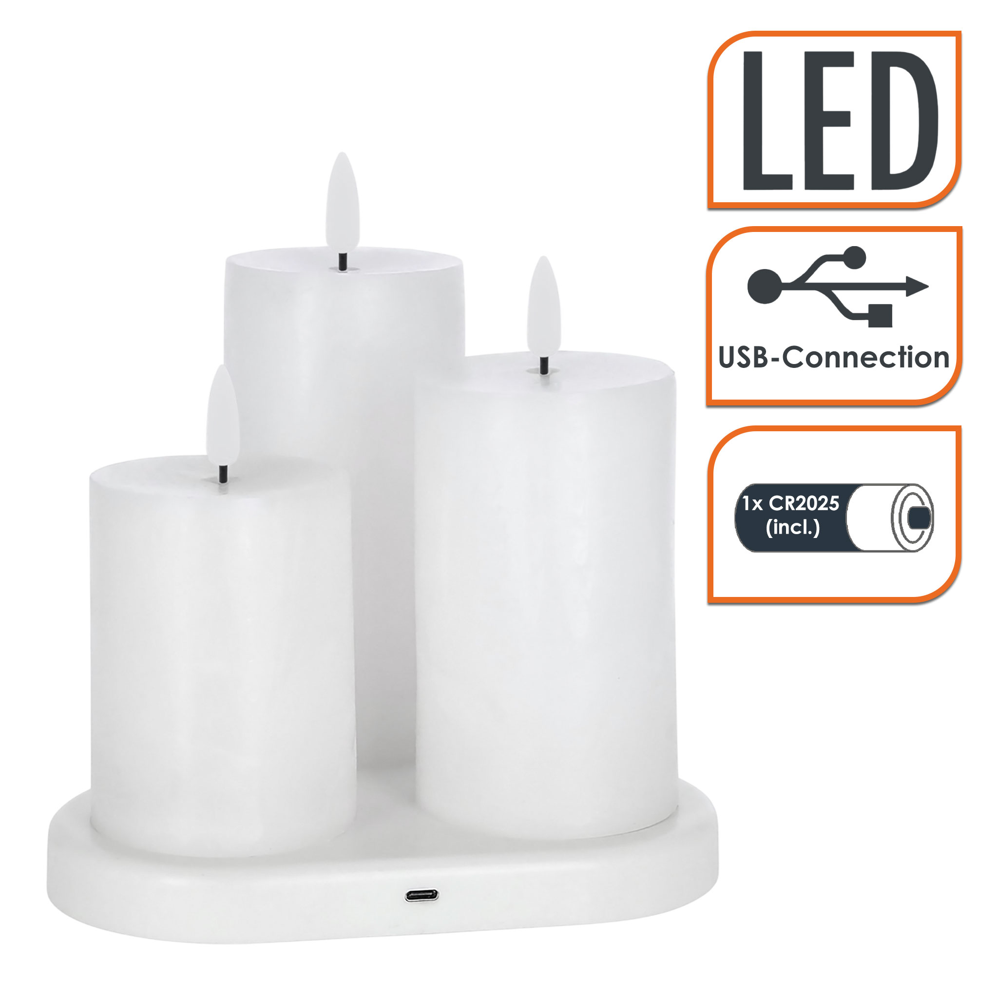 LED Echtwachs Kerze 3er Set wiederaufladbar mit Ladestation und Fernbedienung - 15 / 12 / 10 cm - Künstliche Stumpenkerze mit Flammen Effekt Akku betrieben