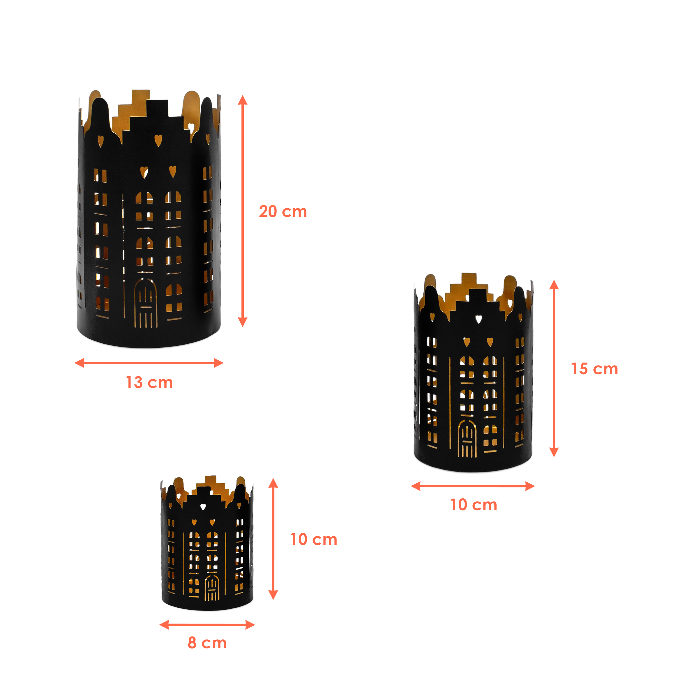 Metall Weihnachts Windlicht rund 3er Set - 20 / 15 / 10 cm - Deko Tisch Laterne Skyline schwarz