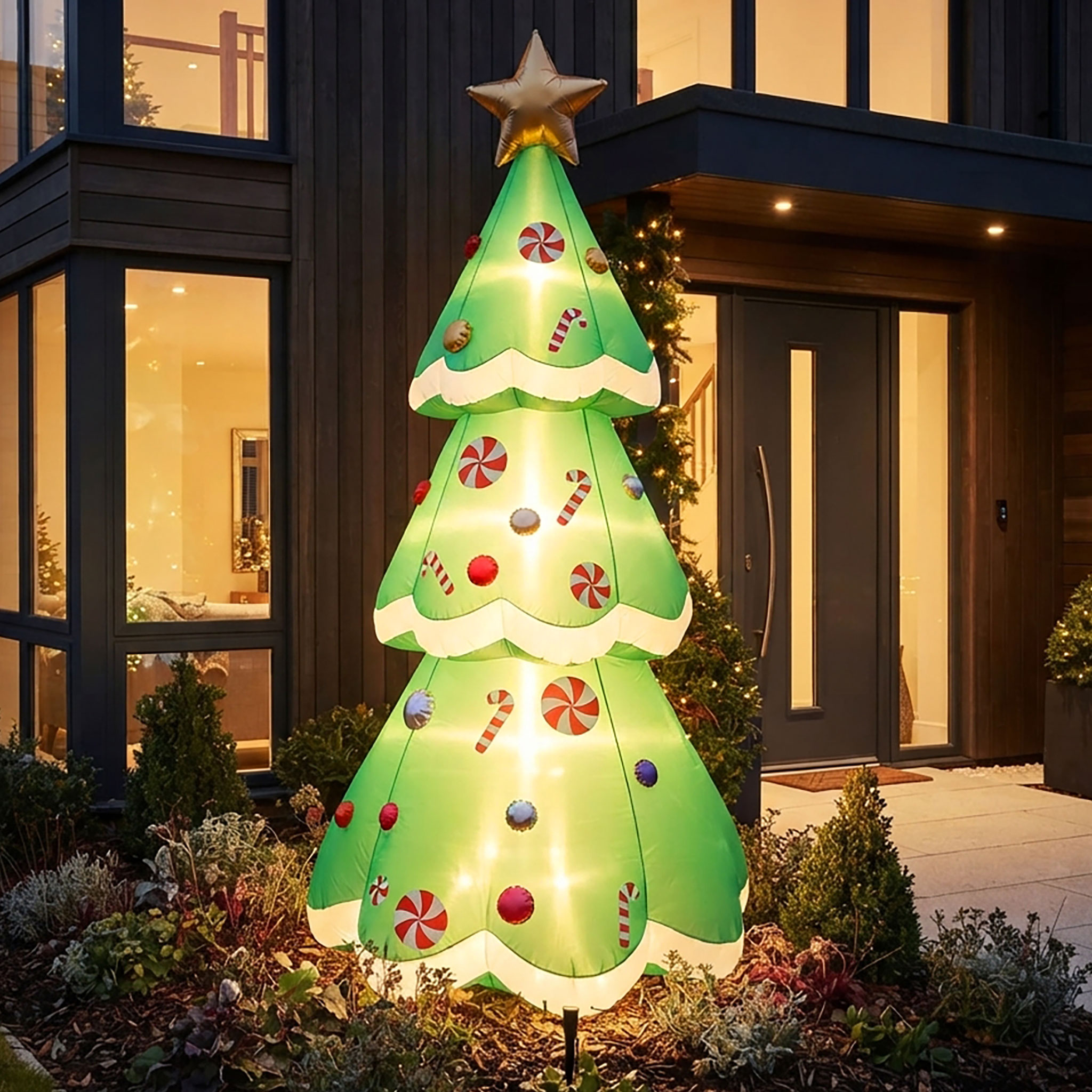Aufblasbarer XL Weihnachtsbaum mit LED Beleuchtung - 240 x 110 cm - Riesen Tannenbaum selbstaufblasend mit bunten LEDs für Außen und Innen