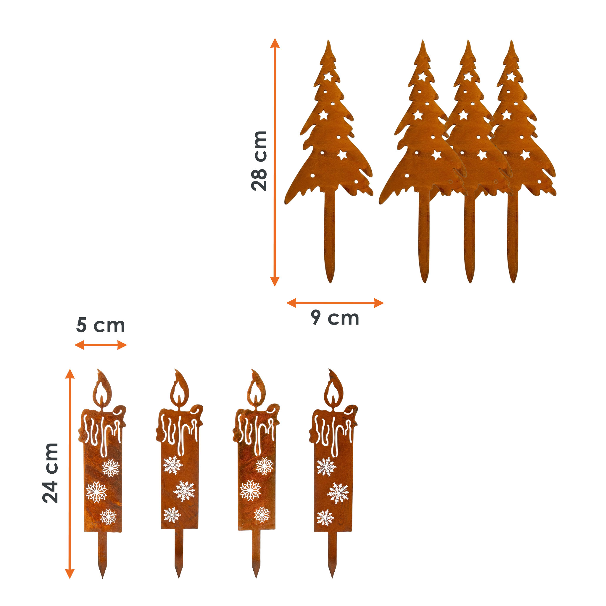 Gartenstecker Tannenbaum und Kerze mit Edelrost 8er Set - 4x 28 cm | 4x 24 cm - Weihnachts Pflanzenstecker aus Metall mit Rost Patina
